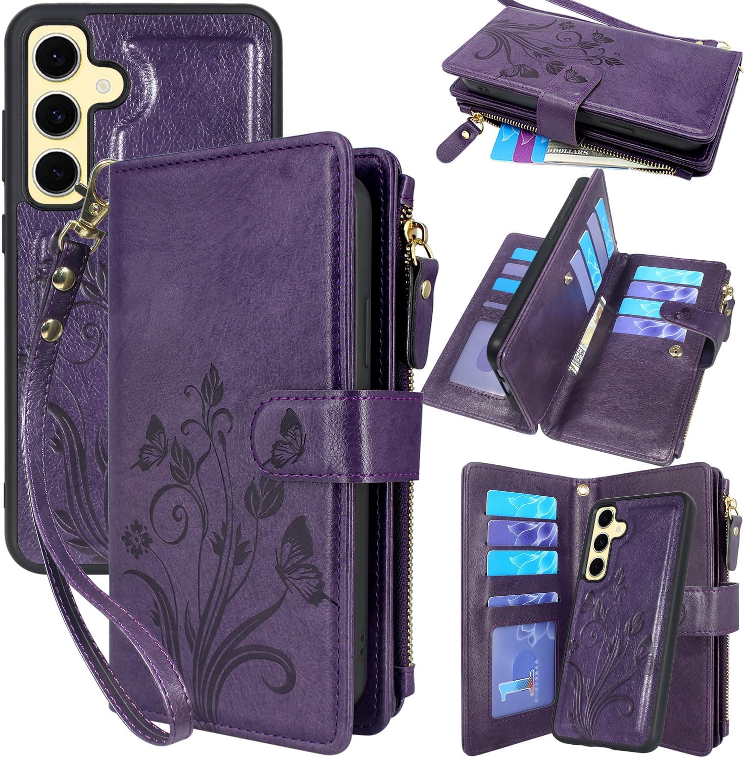 Lacass Case Wallet for Samsung Galaxy S24 FE S24FE 2024, [12 Card Slots] ID Credit Cash Holder Zipper Pocket Detachable Leather Wallet Cover with Wrist Strap Lanyard（Floral Wine Red）