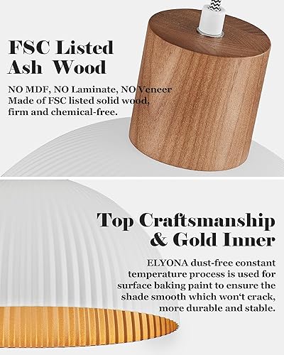 Miniatura 4 de ELYONA Moderna lámpara colgante de madera de fresno de 12 pulgadas, lámpara colgante nórdica de metal blanco y acabado interior dorado, lámpara