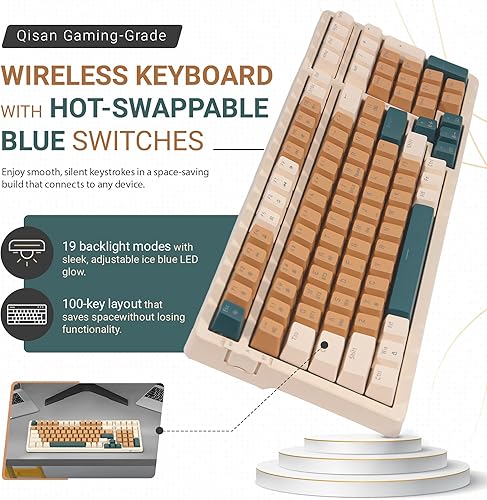 Miniatura 2 de Qisan Teclado mecánico inalámbrico y con cable, triple modo 2.4GUSB-CBT (98%) teclado mecánico inalámbrico con diseño de EE. UU.  Teclados