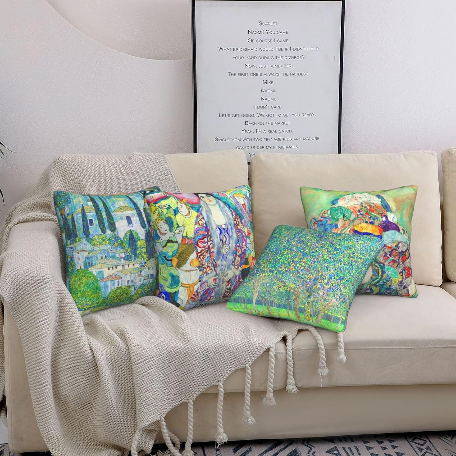 Gustav Klimt Pillow Covers Set of 4 Art Painting Portrait Pillow Cases Green Pear Tree Square Decorative Cushion Covers for Sofa Couch Living Room 18x18 Inches