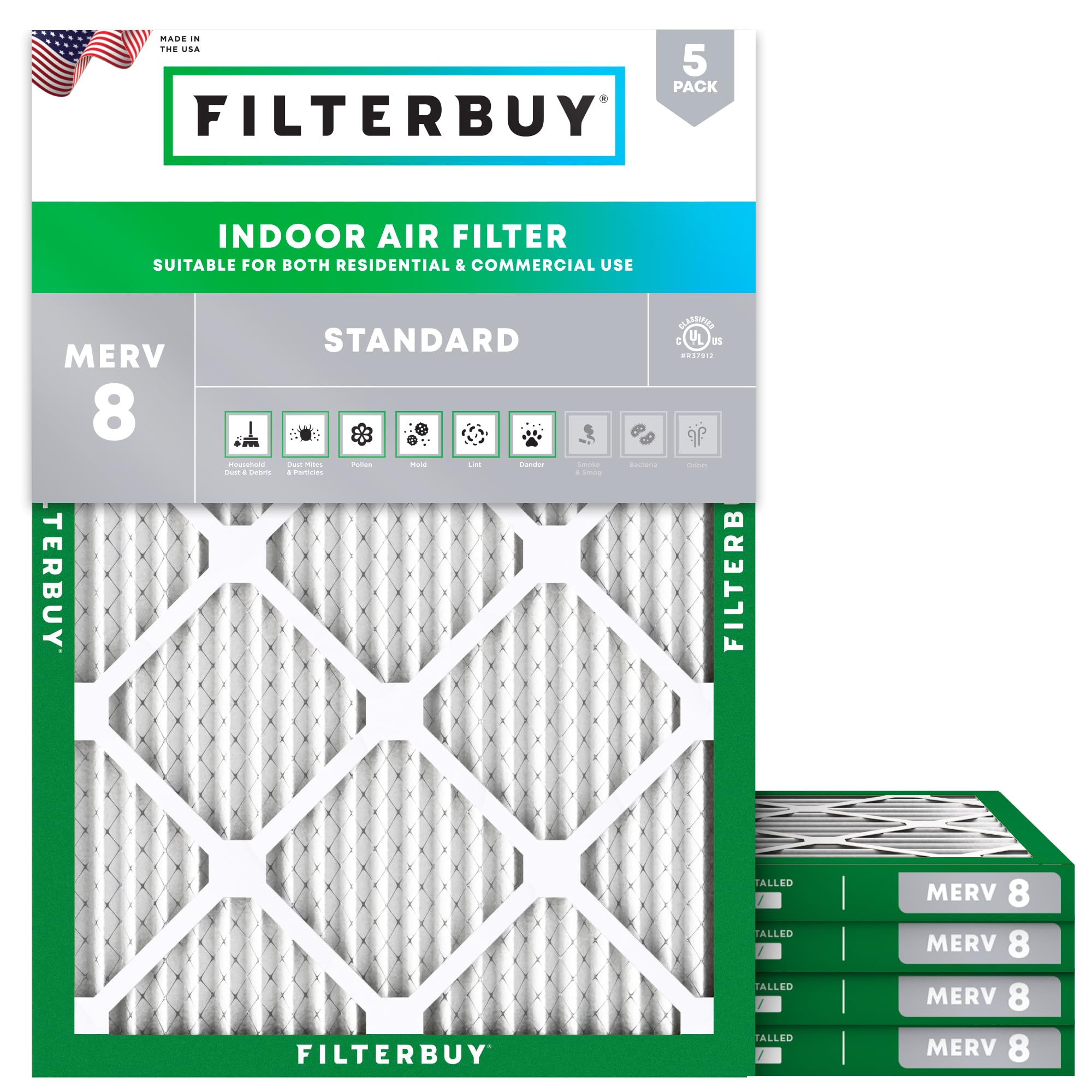 Filterbuy 20x25x1 Air Filter MERV 8 Dust Defense (5-Pack), Pleated HVAC AC Furnace Air Filters Replacement (Actual Size: 19.50 x 24.50 x 0.75 Inches)