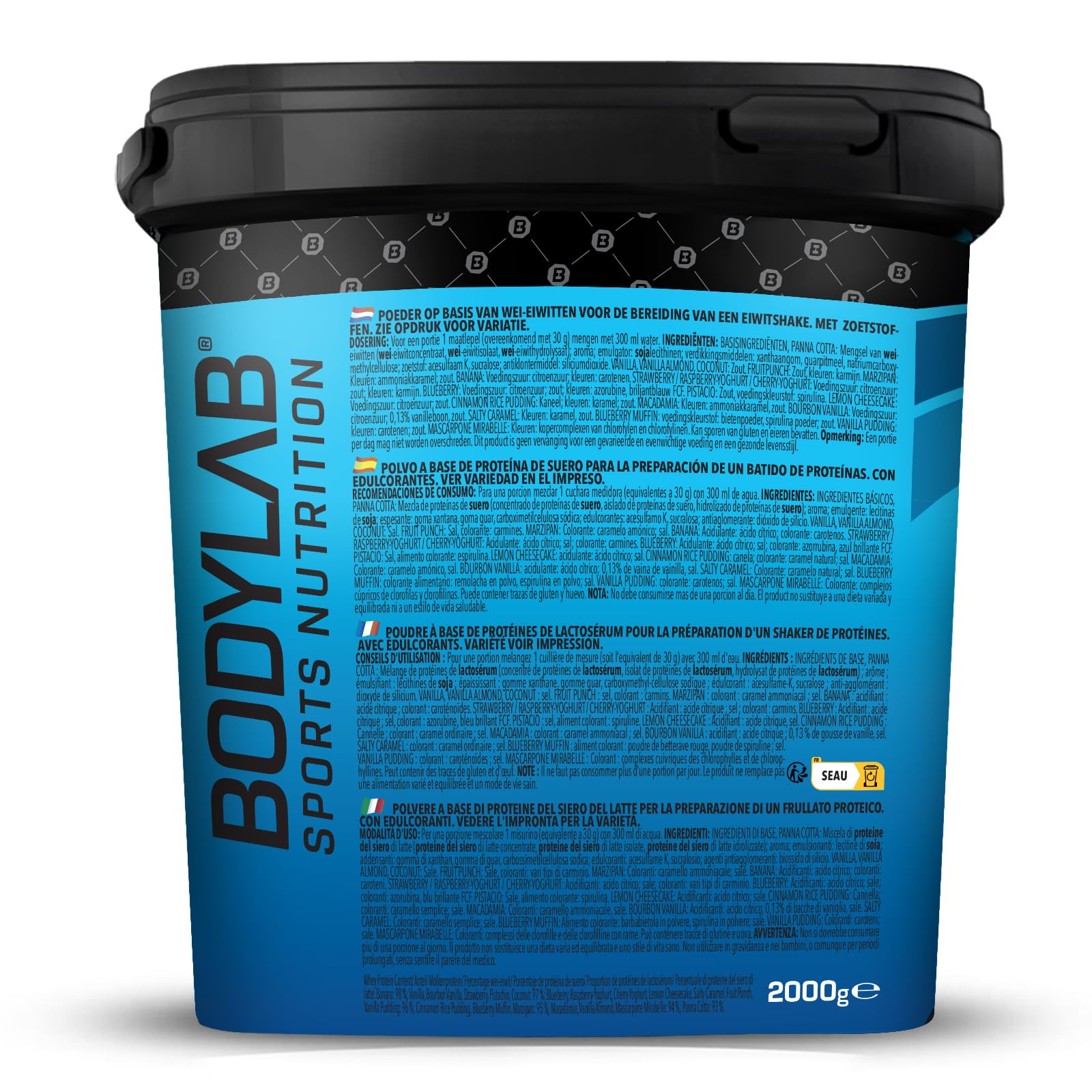 Proteinowy proszek Bodylab24 Whey Protein orzech kokosowy 2kg / kokos Proteinowy Shaker do sportów siłowych i fitness / proszek Whey może wspierać budowę mięśni/ proszek białkowy z 80% białkiem / bez aspartamu