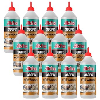 Akfix 360FC Fast Drying Wood Glue 12x15.4 fl.oz- High-Performance D4 Polyurethane Adhesive, Waterproof Marine Glue, Strong Adhesive for All Wood Types, Metal, Concrete, Ceramic | 15.4 fl.oz. 12 Pack