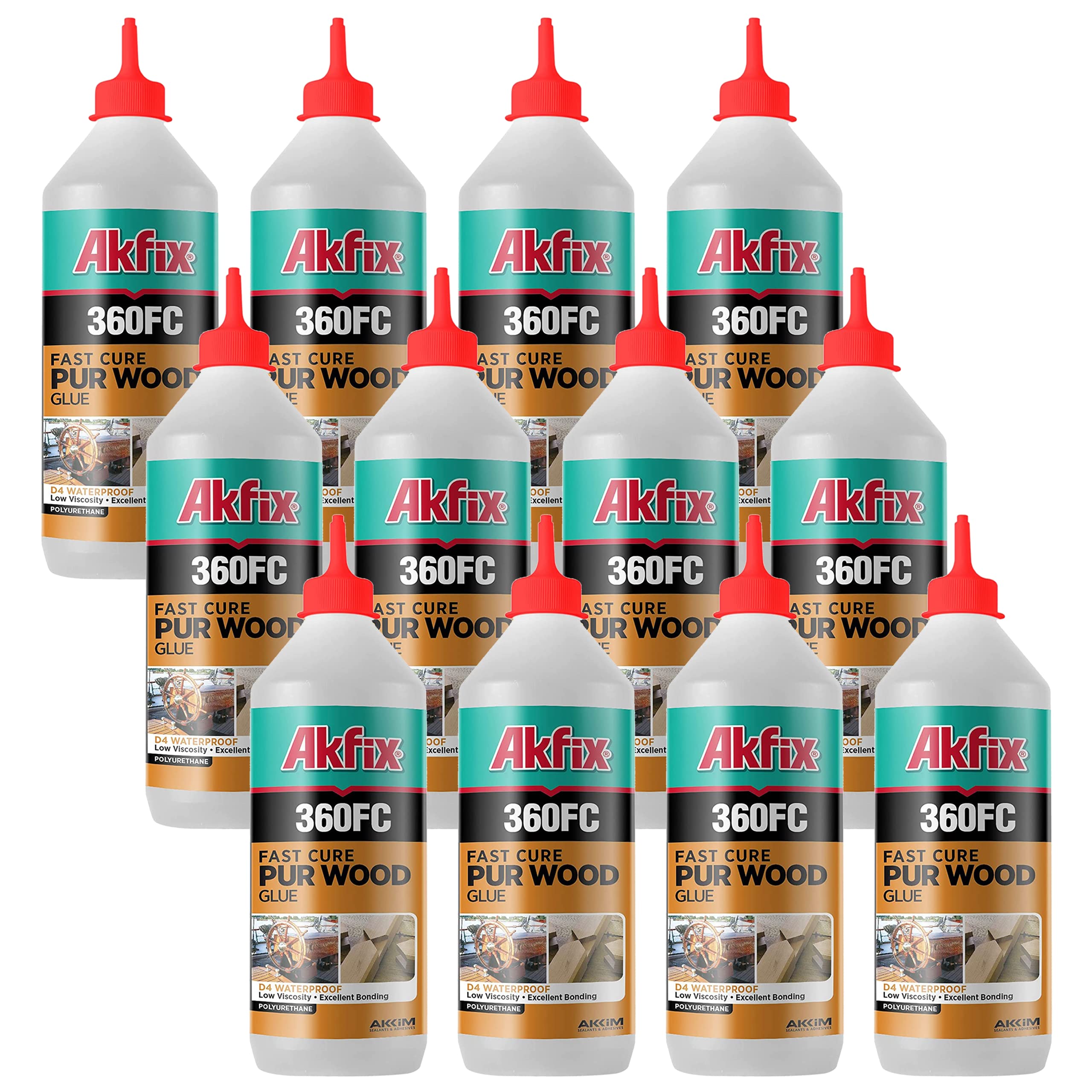 Akfix 360FC Fast Drying Wood Glue (12x15.4 fl.oz)- High-Performance D4 Polyurethane Adhesive, Waterproof Marine Glue, Strong Adhesive for All Wood Types, Metal, Concrete, Ceramic | 15.4 fl.oz. 12 Pack