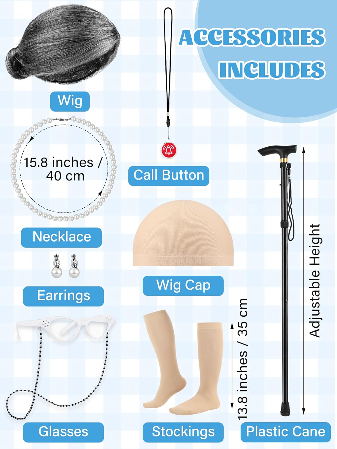 SOMSOC 8 Pieces Women Old Lady Costume Grandma Dress Cardigan with Wig Glasses Cane for 100 Days of School Cosplay - Image 2