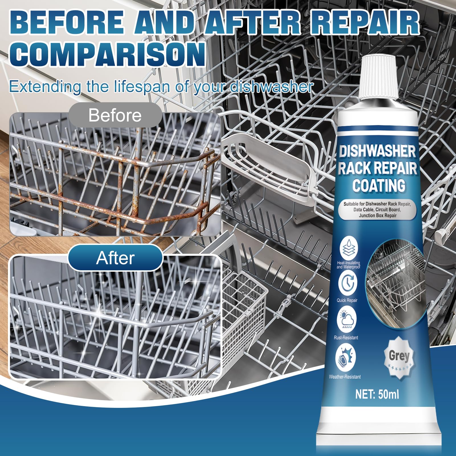 NoxGule Reparador Cesta Lavavajillas, Pintura para Cestas Lavavajillas, Rerack lavavajillas Gris, Fuerte Adherencia, Resistente al Agua, para Reparar Gomas Desprendidas en Cestas, Versión Mejorada — view 4