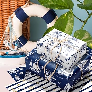 MORAINJAY 12 Sheets Nautical Wrapping Paper, Anchors Ships Gift Wrap, Maritime Gift Wrap Birthday, Wrapping Paper for Father Day, for Men Baby Shower Sailing Decorations 68x50cm