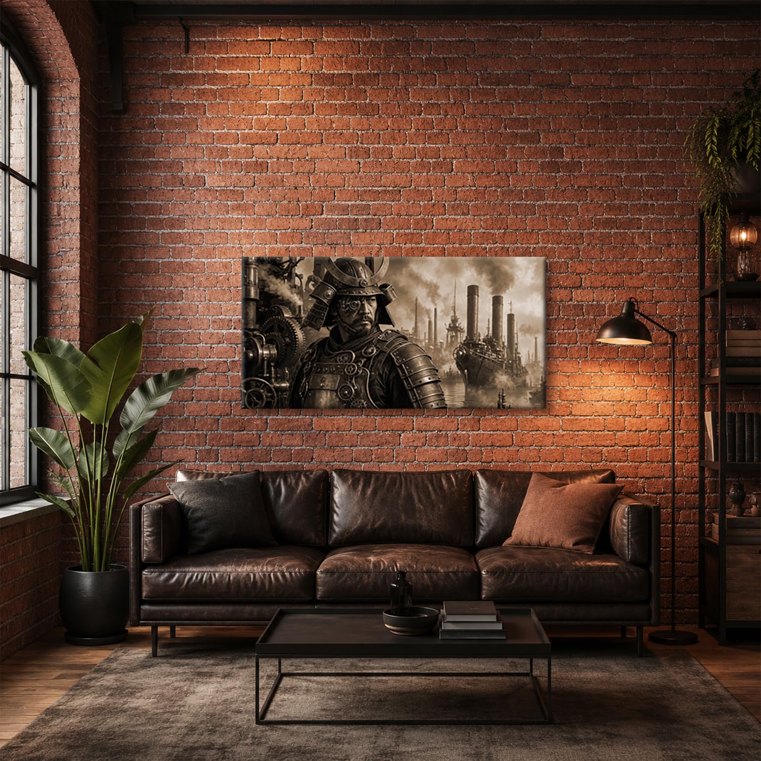 deyoli Obraz na płótnie Steampunk Samurai przed portem przemysłowym 60 x 30 cm Sepia