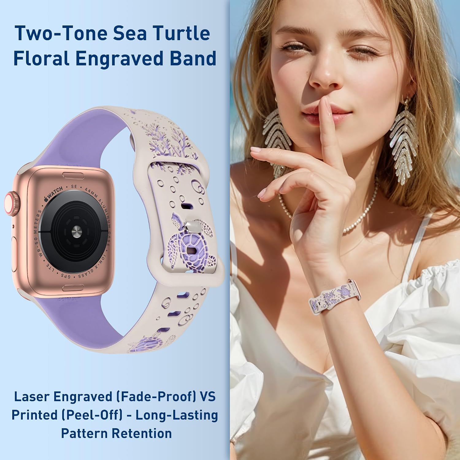 Sea Turtle Engraved Band Compatible with Apple Watch Band Women Men 38mm 40mm 41mm 42mm 44mm 45mm 46mm 49mm Two-Tone Cute Sport Silicone Band for iWatch Series 11 10 Se Ultra 9 8 7 6 5 4 3 2 1