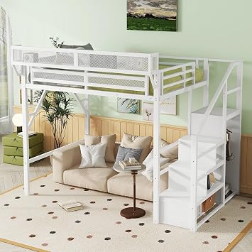 Full Size Loft Bed with Stairs and Storage,Metal Loft Bed Frame with Bedside Shelf and Large Under-Bed Space,Heavy-Duty Loft Beds for Adults Teens and Kids,White