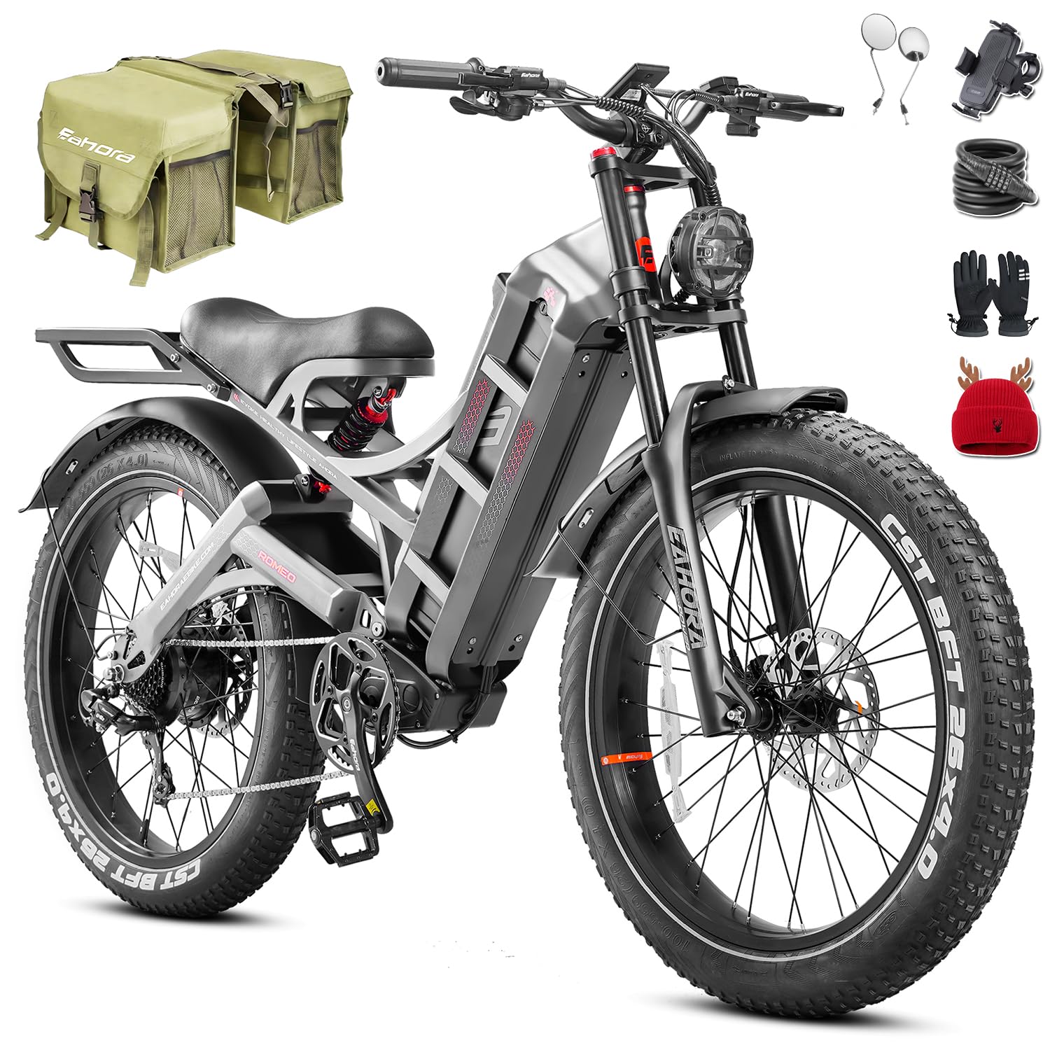 eAhora 2026 Romeo Pro 3 5600W 50Mph High-Torque Ebike, 60V 80Ah 250-Mile Long Range Electric Bike for Adults, Adjustable Air Suspension, 26'' Puncture-Proof Tire, UL 2849 Certified by TÜV