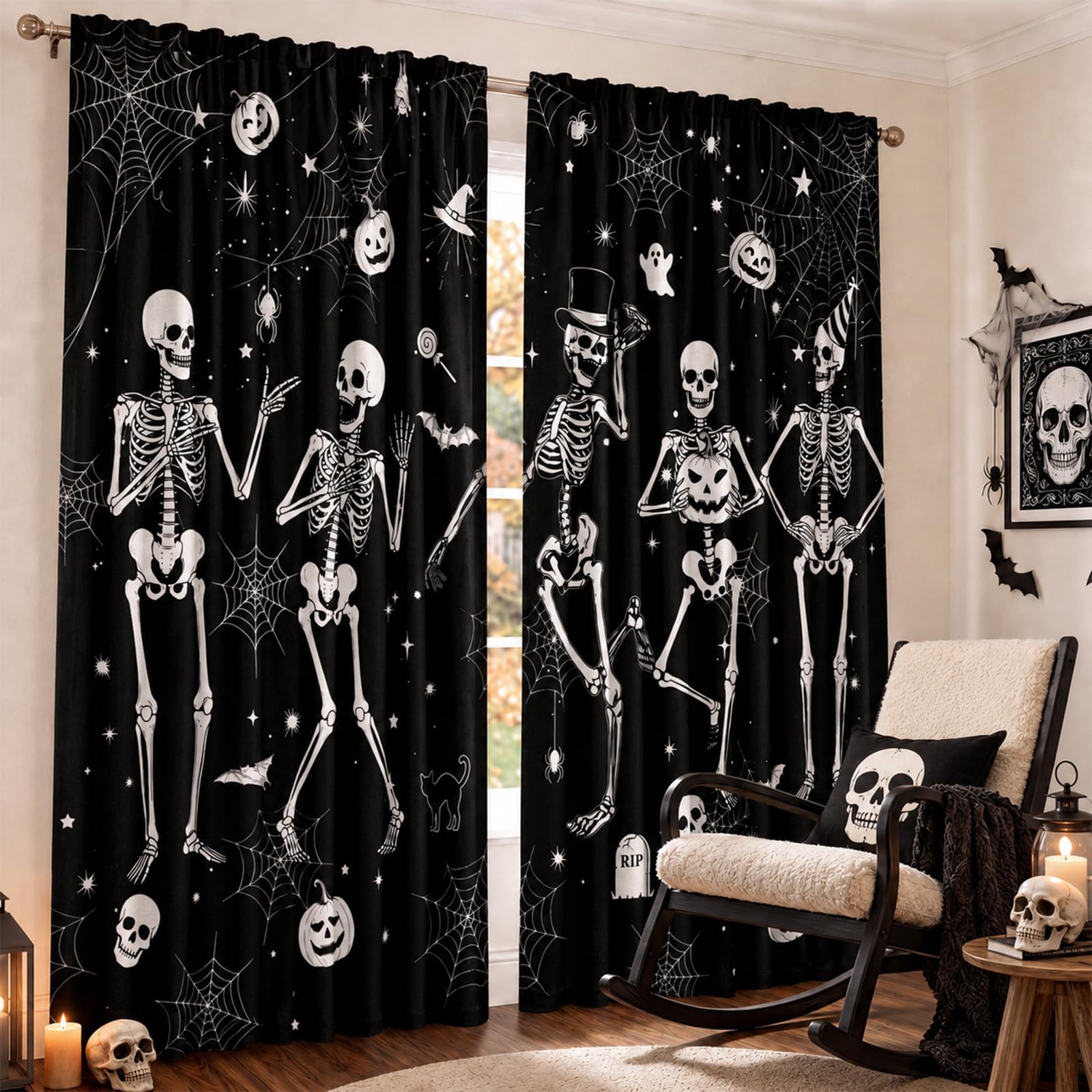 SmoothNovelty 2 Pcs Halloween Curtains for Living Room Skeleton Pumpkin