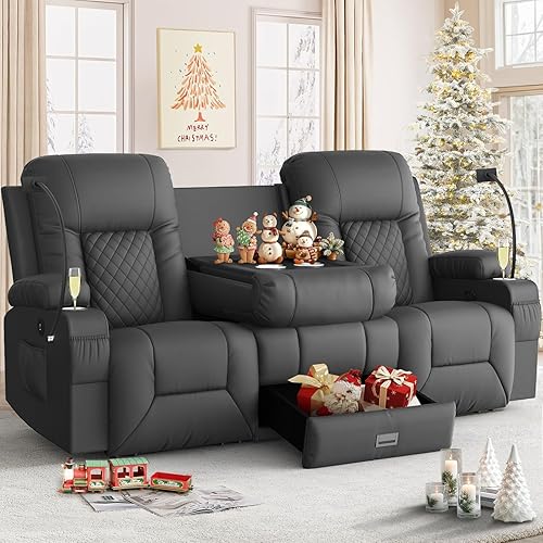 Sofá reclinable biplaza, sofá reclinable doble de 3 plazas con consola abatible, moderno sofá biplaza de piel sintética para sala de estarcaravana,