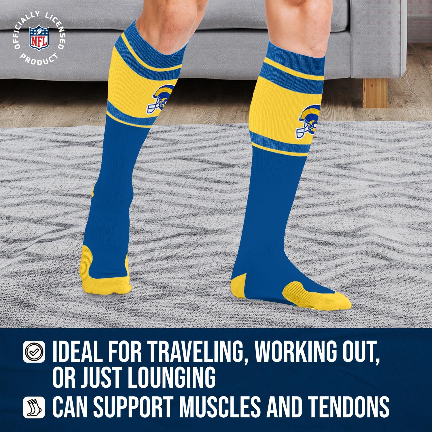 For Bare Feet NFL Classic LOS ANGELES RAMS Marathon Compression Sock Team Color Small/Medium - Image 4