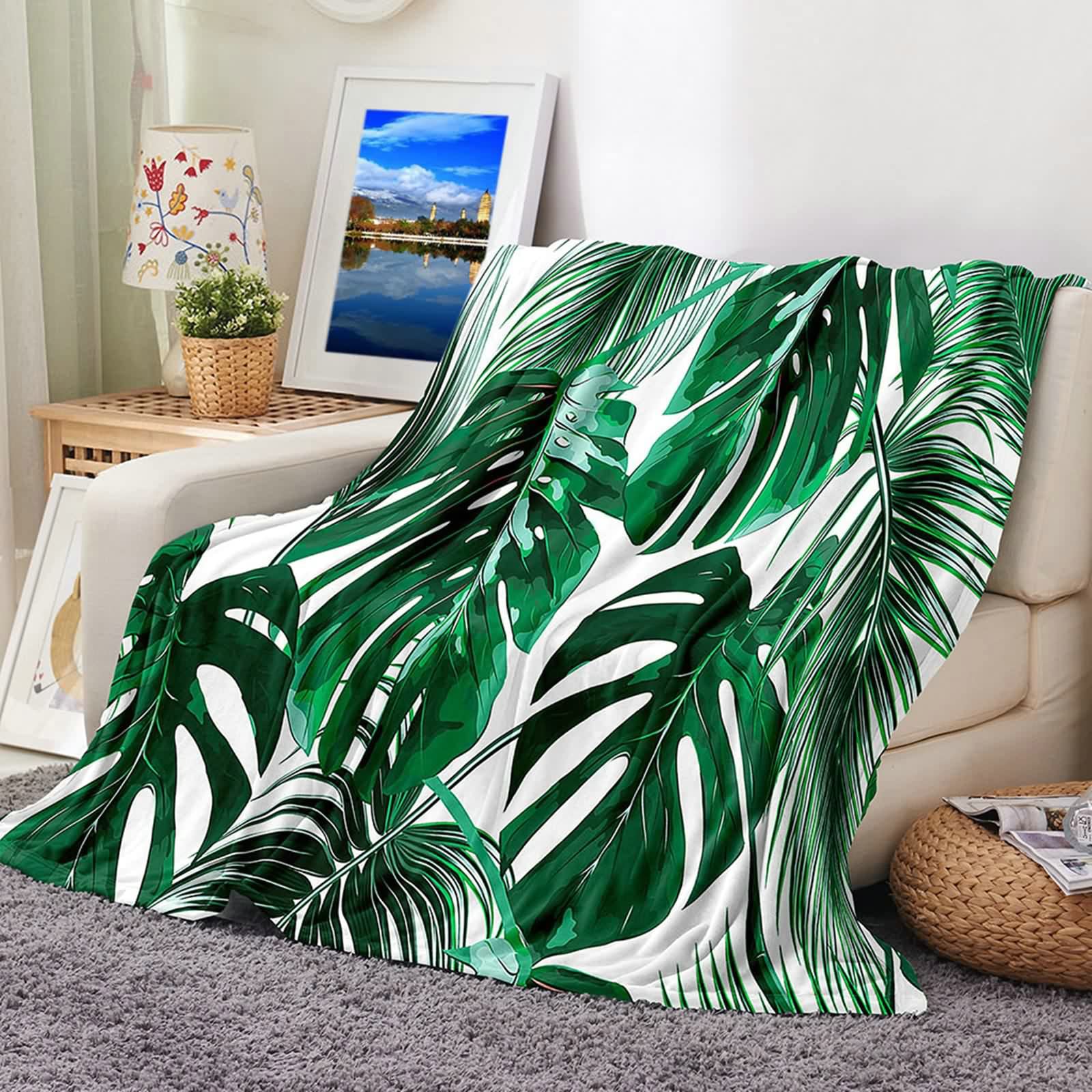 Aeici Couverture Polaire, Couverture Enfant Polaire Couverture 180x220 cm Feuilles de Bananier Couverture Canapé Cadeau pour Adultes et Enfants