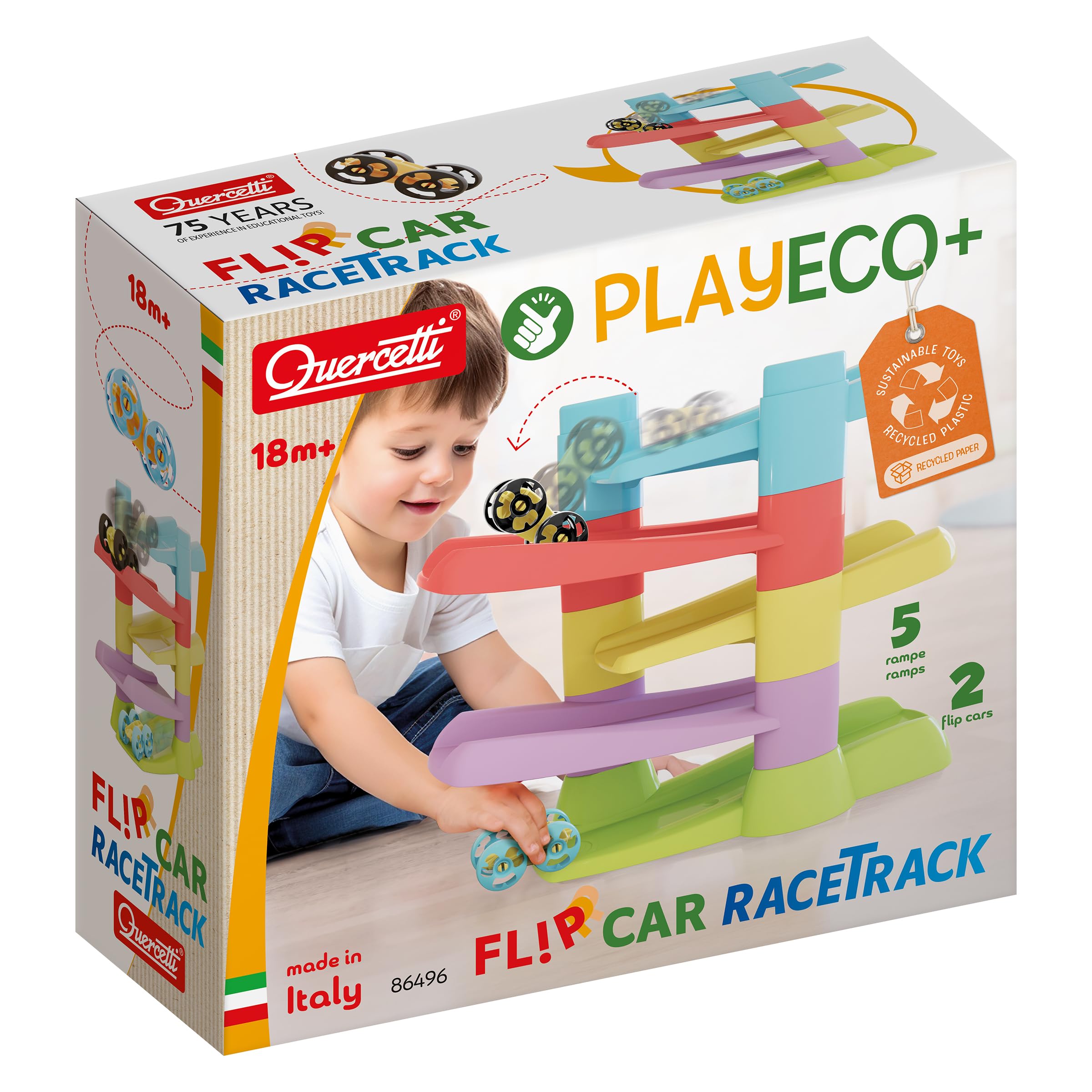 QUERCETTI 86496 Flip Car Race Track Eco, Pista Biglie Per Bambini, Gioco Educativo Eco-Friendly 18mesi+ con 5 Rampette e 2 Flip-Car per Sviluppare Coordinazione e Motricità Fine, Made in Italy