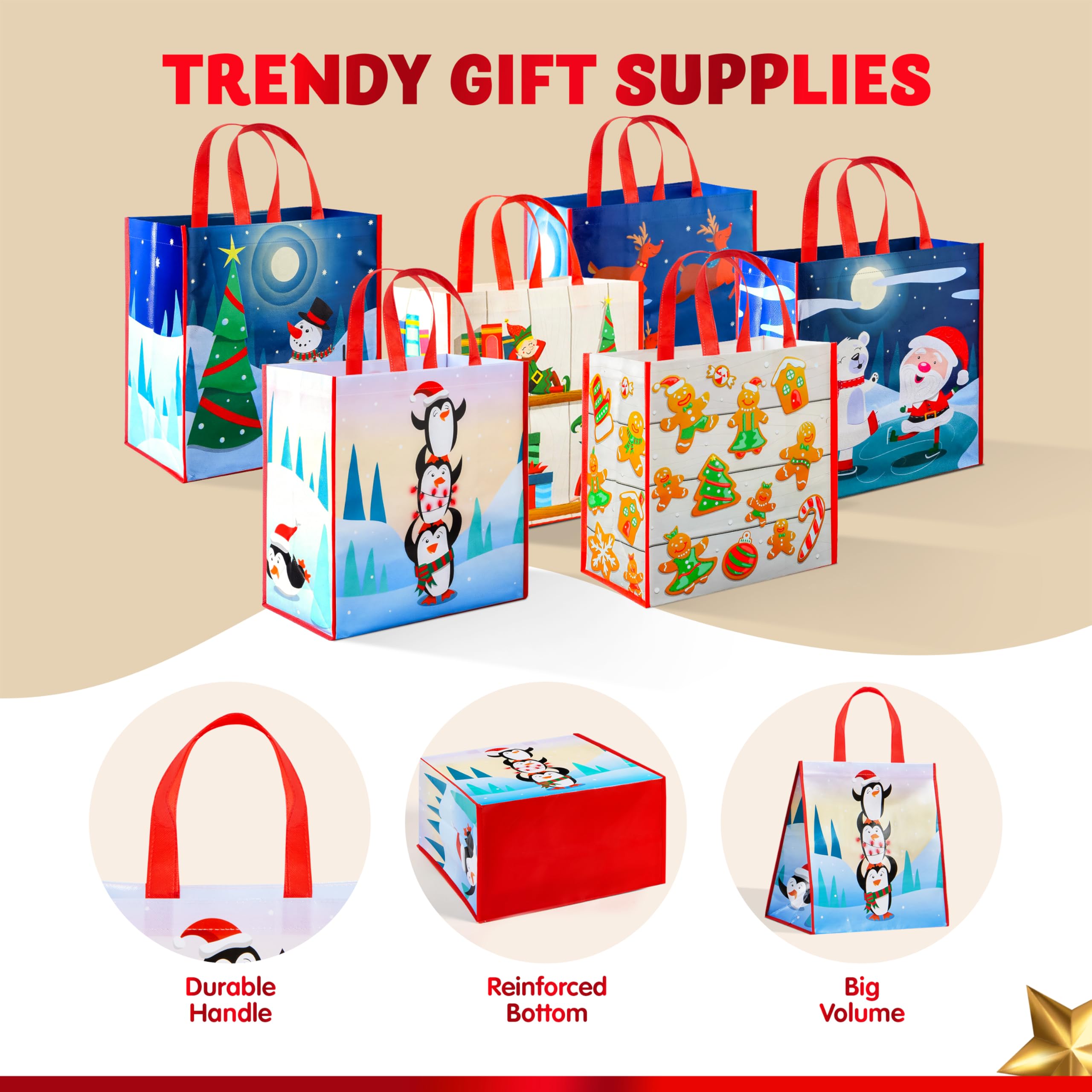 JOYIN 12 Bolsas de Asas Grandes Navideñas de 34 x 35cm Bolsas Reutilizables para Compras Navideñas, Bolsas de Regalos para Fiestas de Navidad