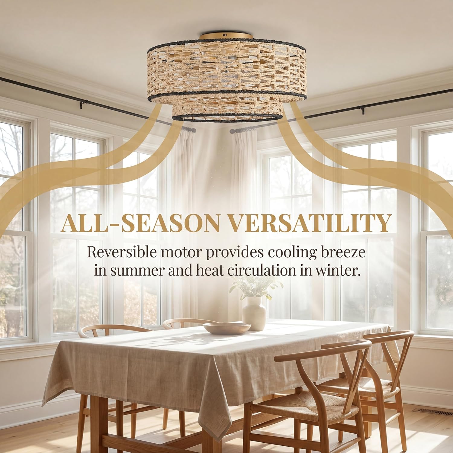 20" Boho Ceiling Fan Light with Remote Control, Double Layer Hand Woven Toast-Colored Rattan with Black Trim Flush Mount Fan Light with Lights for Bedroom, Living Room, Kitchen