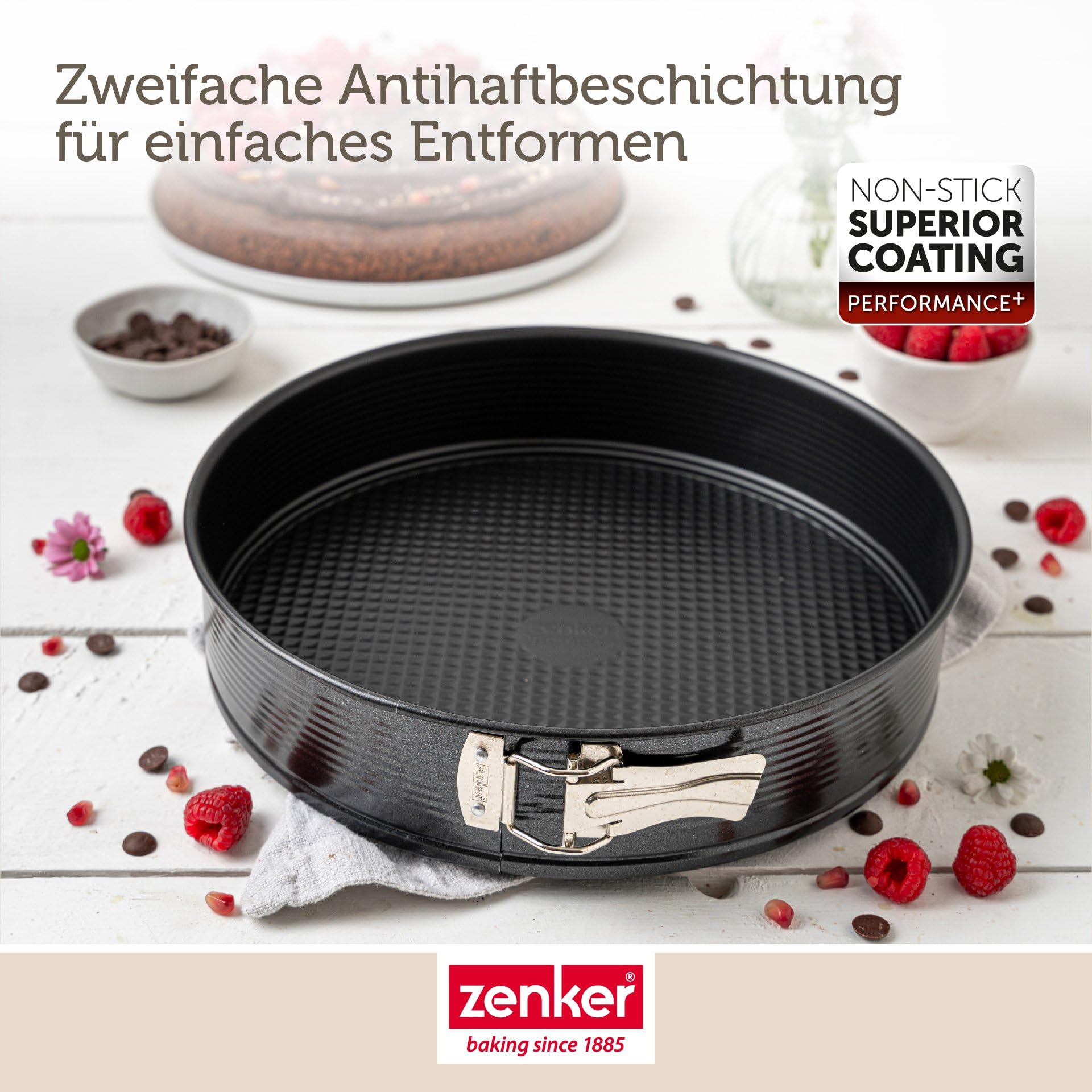 Zenker Perfect Black tortownica z płaskim dnem, Ø 24 cm, wysokiej jakości forma do pieczenia z blachy stalowej, powłoka nieprzywierająca, odporność na wysokie temperatury: +230°C, Made in Germany