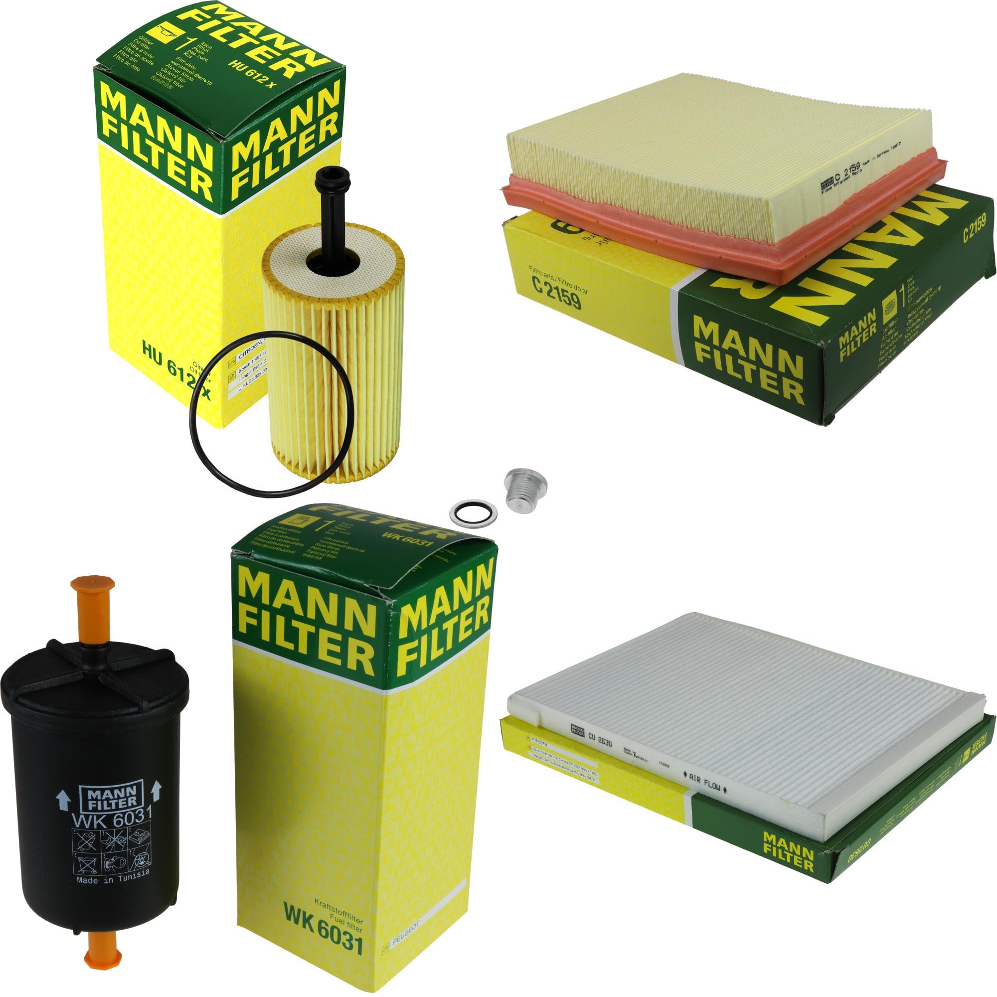 Paquete de inspección Kit de mantenimiento de filtros con filtro de aceite HU 612 x, filtro de aire C 2159, filtro de combustible WK 6031, filtro de habitáculo CU 2630, tornillo de cierre
