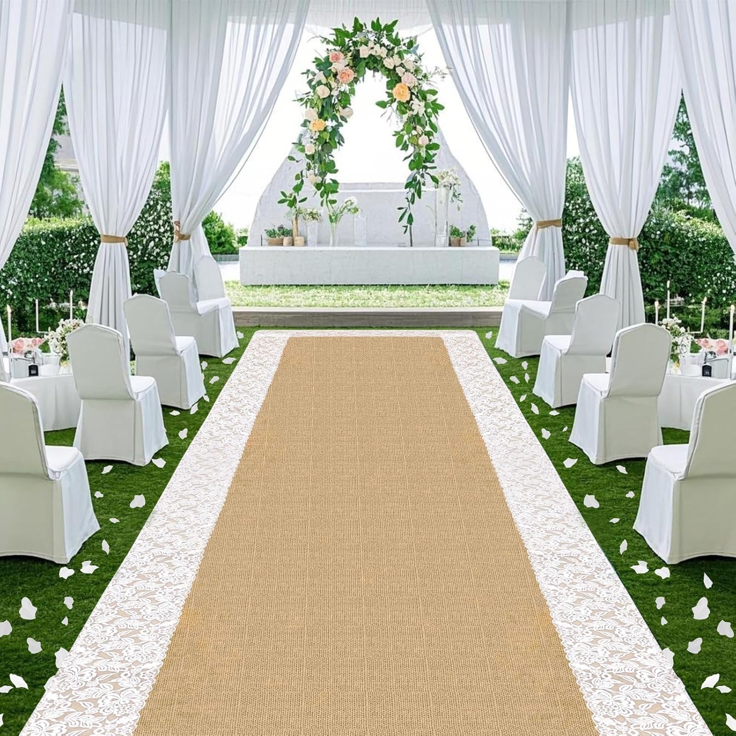 Aisle Runner for Wedding Ceremony 30 Ft x 34In 2000 Pcs White Fake Petals Wedding Decorations Linen Runway Carpet with Lace for Beach Garden Church Reception Craft Outdoor Indoor (30 Ft x 34In)