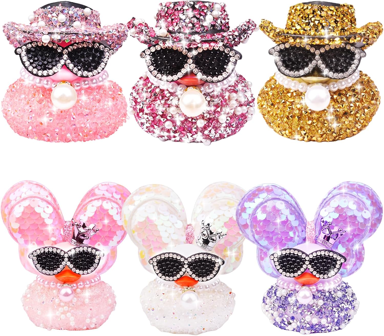 Diamond Rubber Duck Car Ornaments, 6PCS Color Shiny Ducks Car Dashboard Decorations for Cool Car Accessories with Mini Cowboy Hat Necklace Sunglasses