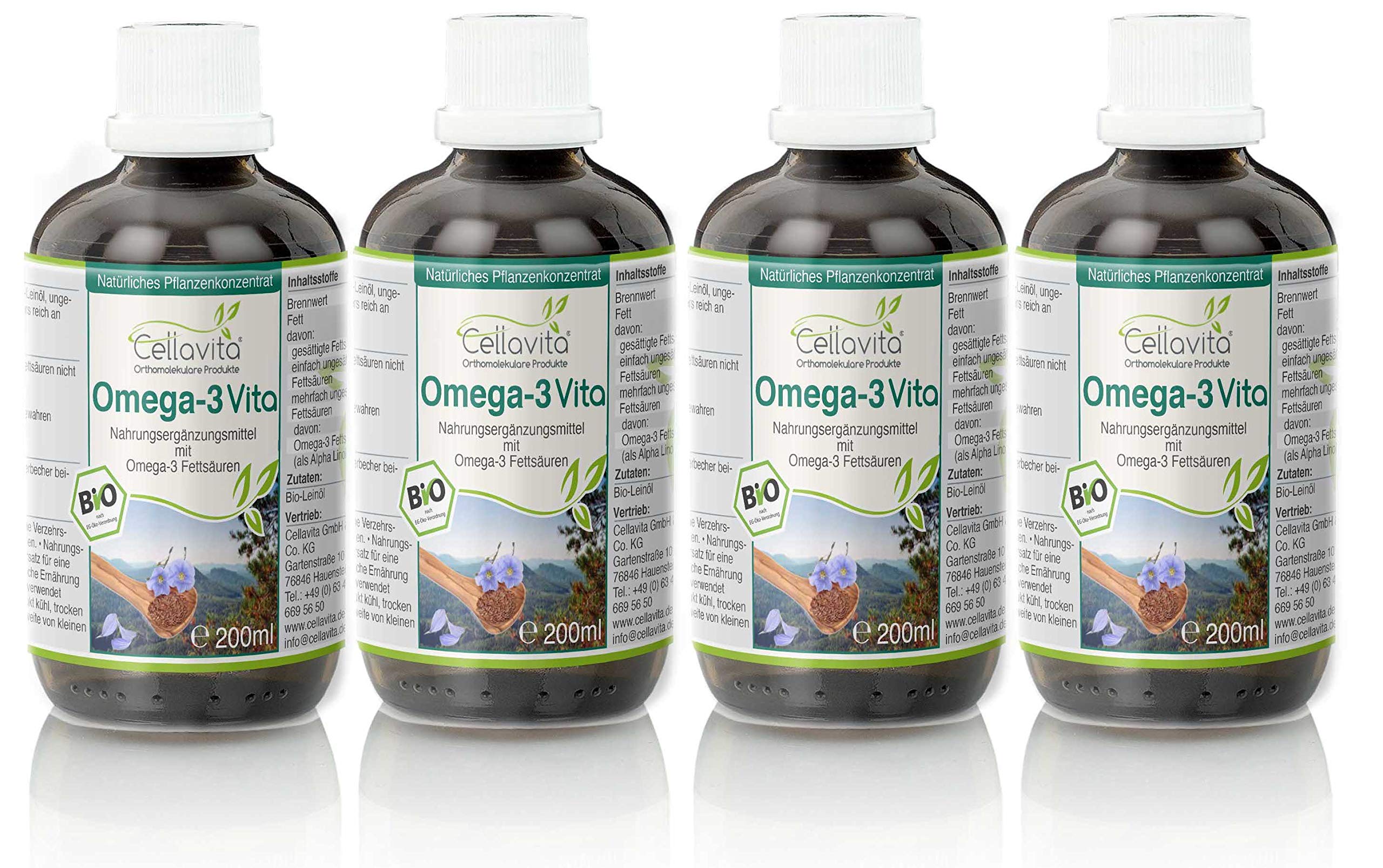 Cellavita Omega-3 Vita aus Pflanzenkonzentrat | Leinöl/pflanzlich/Bio-Qualität | täglich nur 10ml | Glutenfrei & Lactosefrei & Vegan 4x 200ml