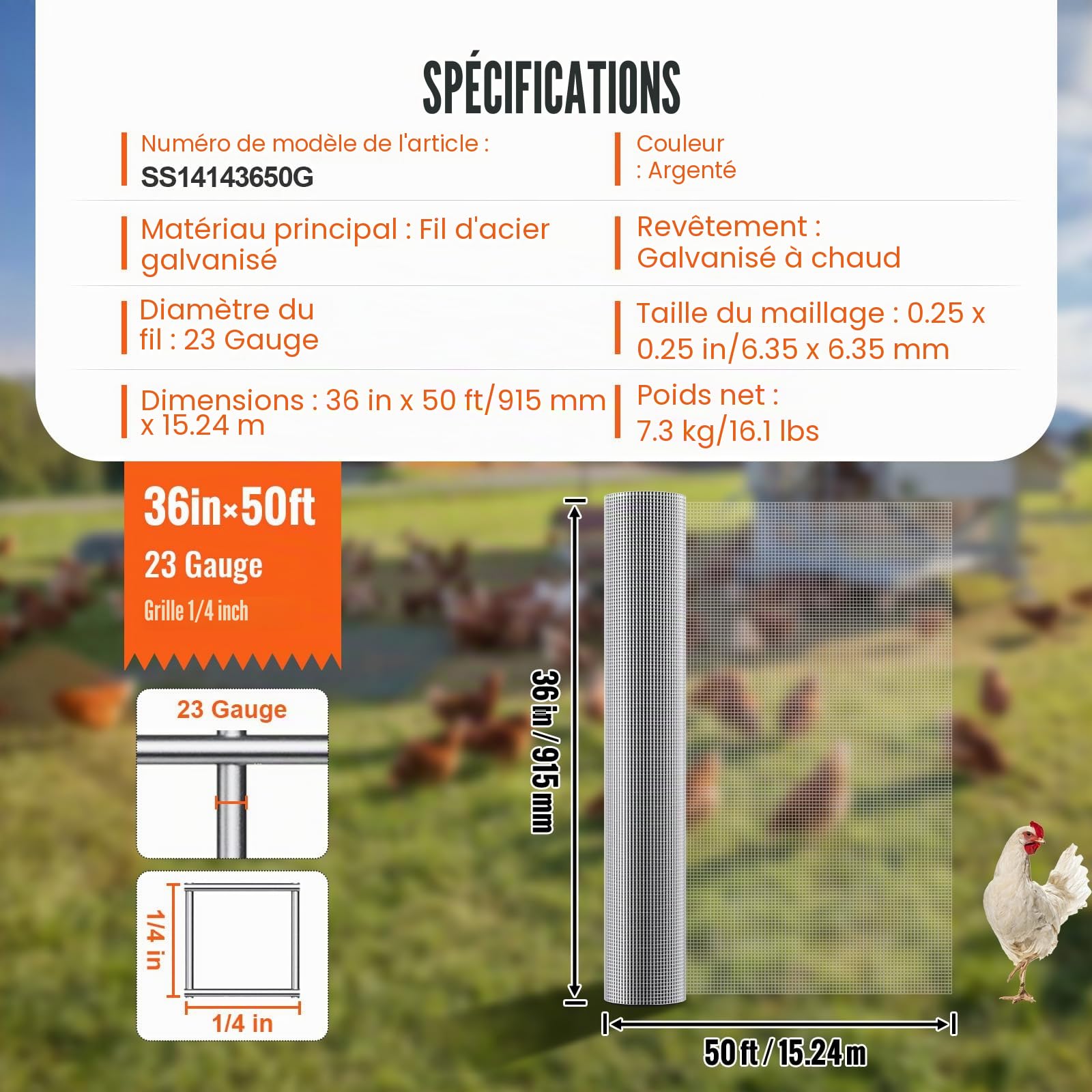 VEVOR Grillage métallique soudé 915mm x 15,24m mrouleau treillis métallique galvanisé à chaud maillage 6,35 x 6,35 mm clôture en fil de poule calibre 23 pour cages à lapins, jardin, petits rongeurs