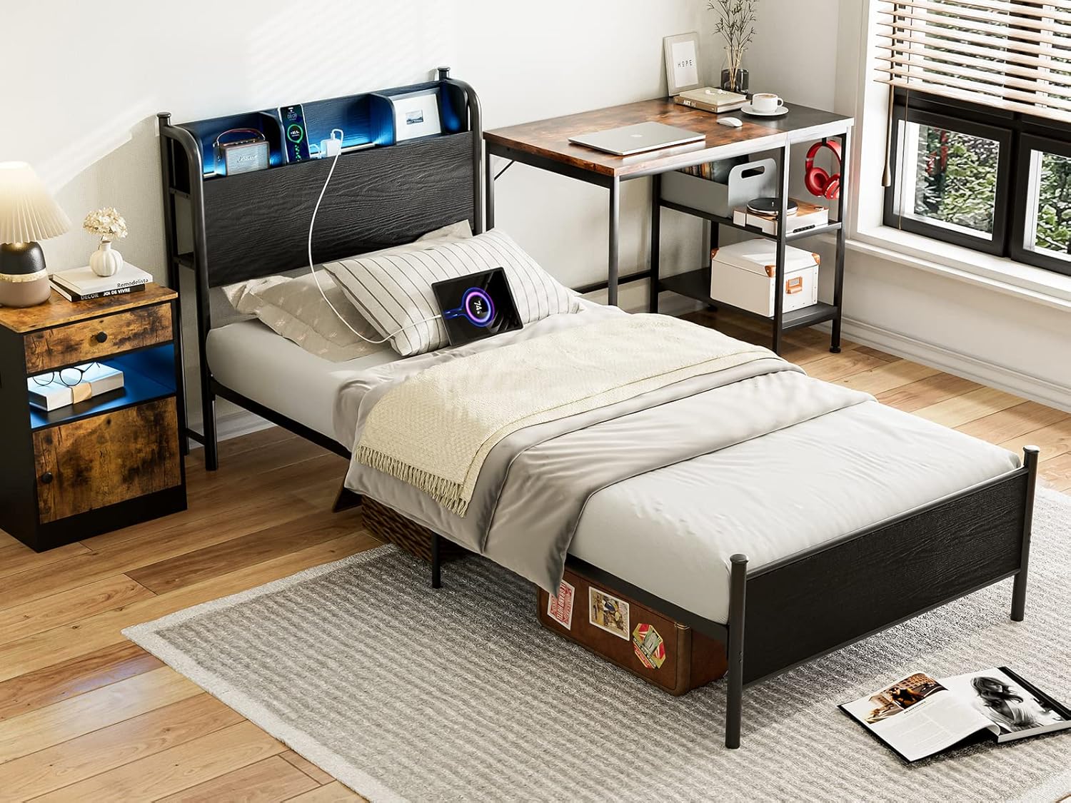 AOVSA Twin XL Bed Frames with LED Lights and Charging