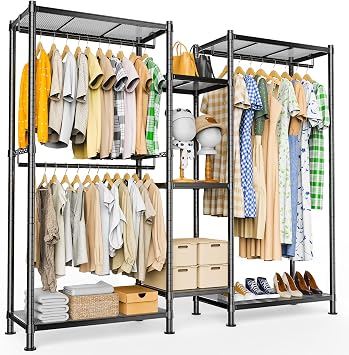LEHOM G6 Clothes Rack Heavy Duty Freestanding Garment Rack with Shelves, Metal Clothing Closet Wardrobe Storage System for Hanging Clothes, 76.8" D x 17.7" W x 74.4" H, Hold 800 lbs, Black