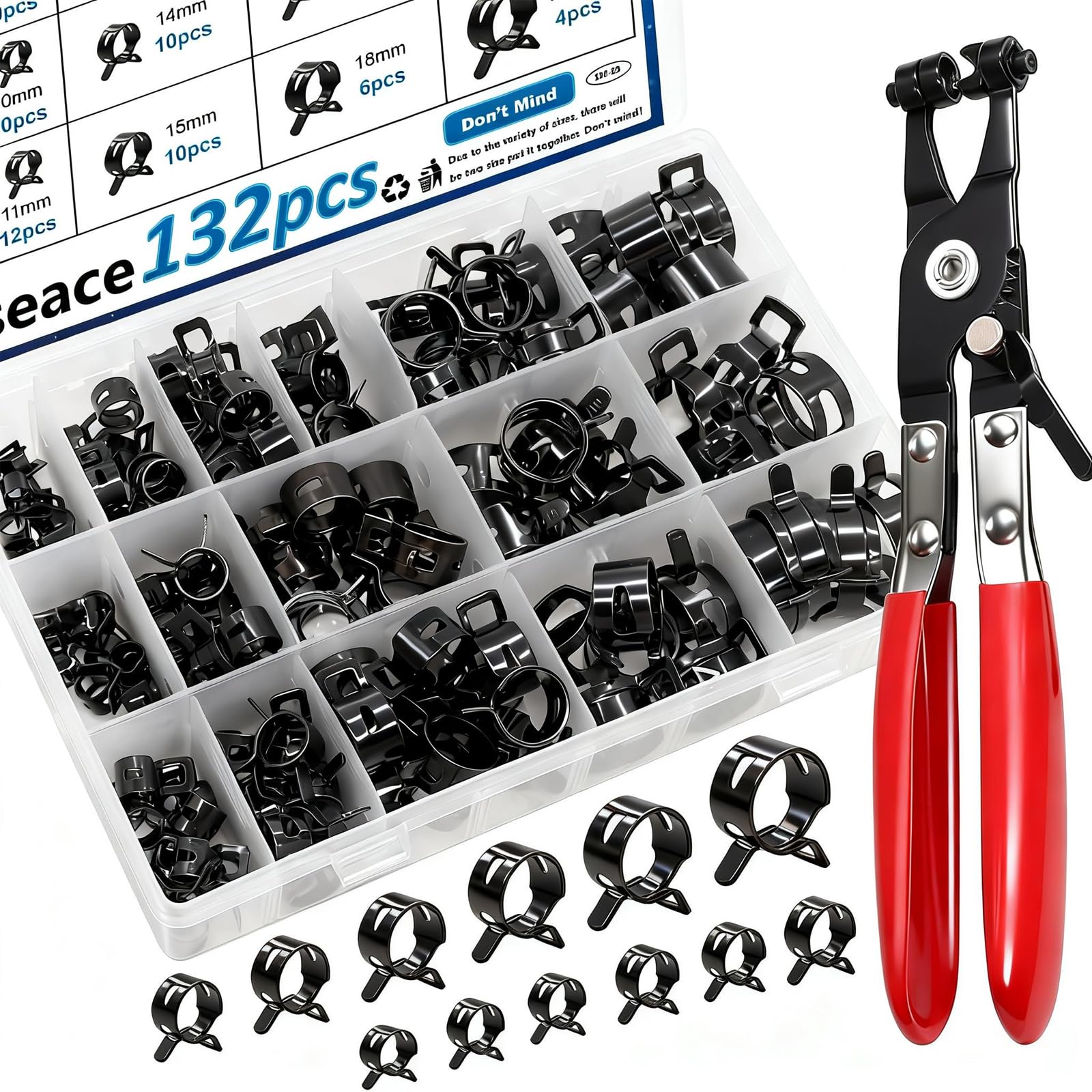 smseace 132Pcs 6-25mm Spring Hose Clamps With Hose Clamp Plier 16-sizes Constant Tension Hose Clamp used for Fuel Line，Vacuum Hose，Air Hose Spring Band Hose Clamp Kit