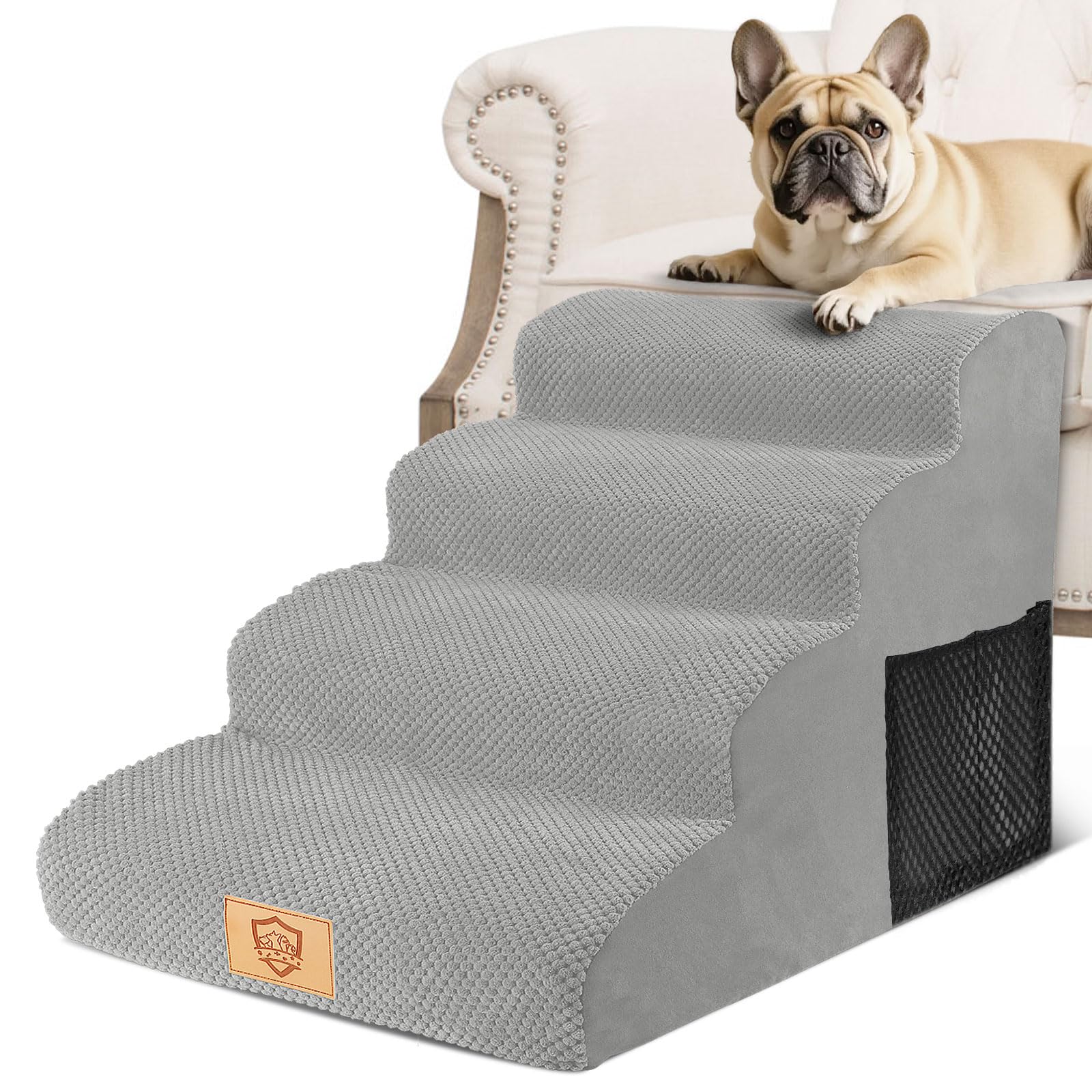 Thihome Hundetreppe 4 Stufen, 50cm hoch Schwamm Haustiertreppe für Hunde und Katzen, rutschfest Haustierleiter Katzentreppe mit Waschbar Bezug für Sofa Bett, Grau