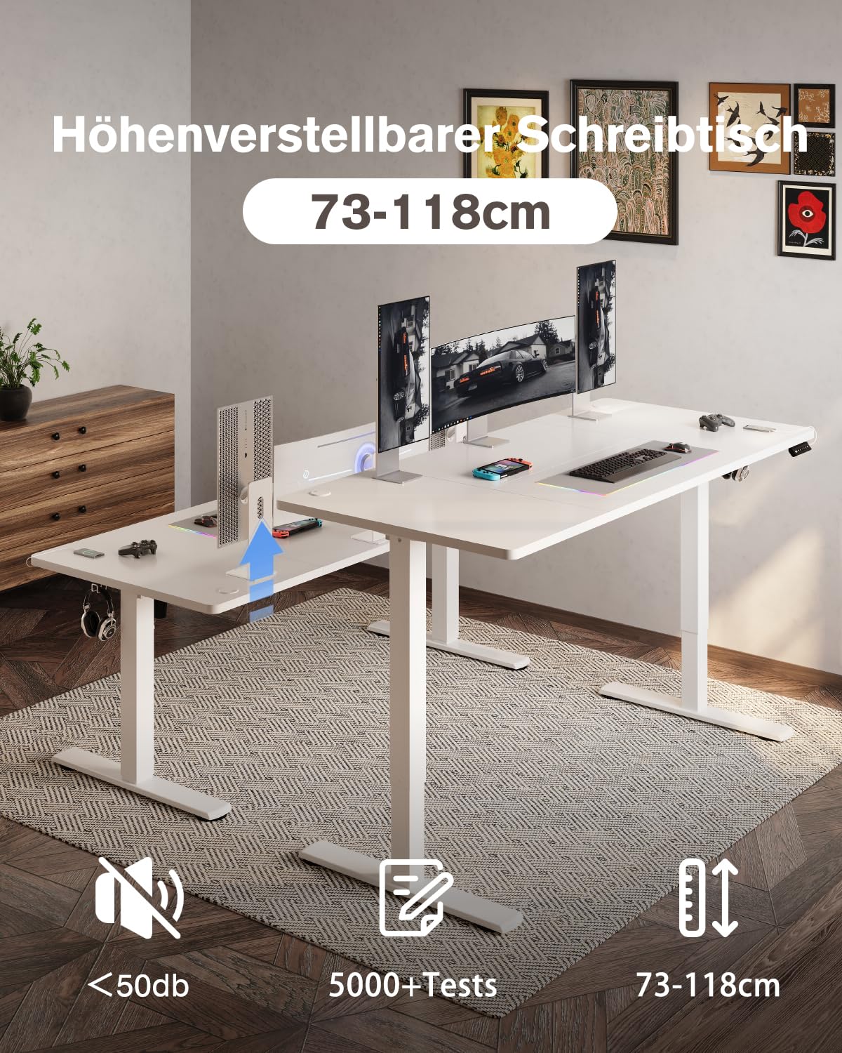 Devoko Escritorio de altura ajustable eléctrico 160 x 70 cm, Mesa de pie, Mesa de ordenador, Mesa de oficina, Blanco, Moderno