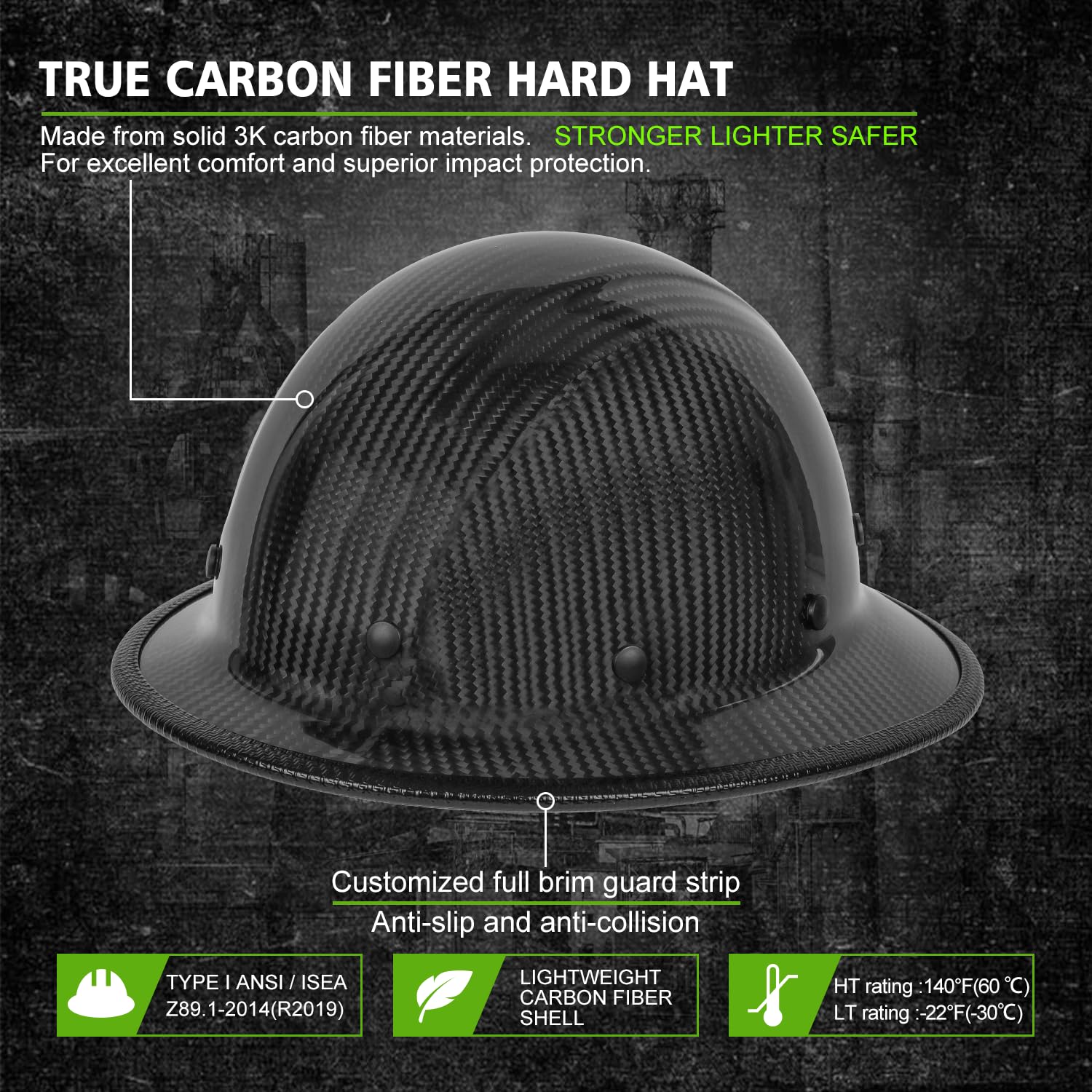 GREEN DEVIL Carbon Fiber Full Brim Hard Hat ANSI Men Hardhat with