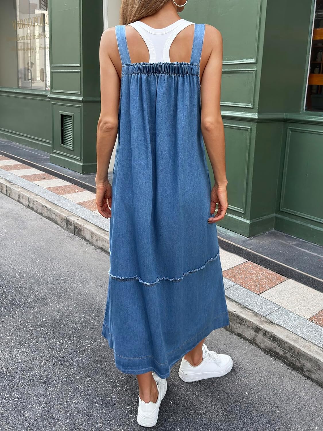 Cicy Bell Women's Denim Overall Dress Casual Adjutable Strap Back Drawstring Loose Jumper Bib Maxi Dresses with Pockets - Image 4