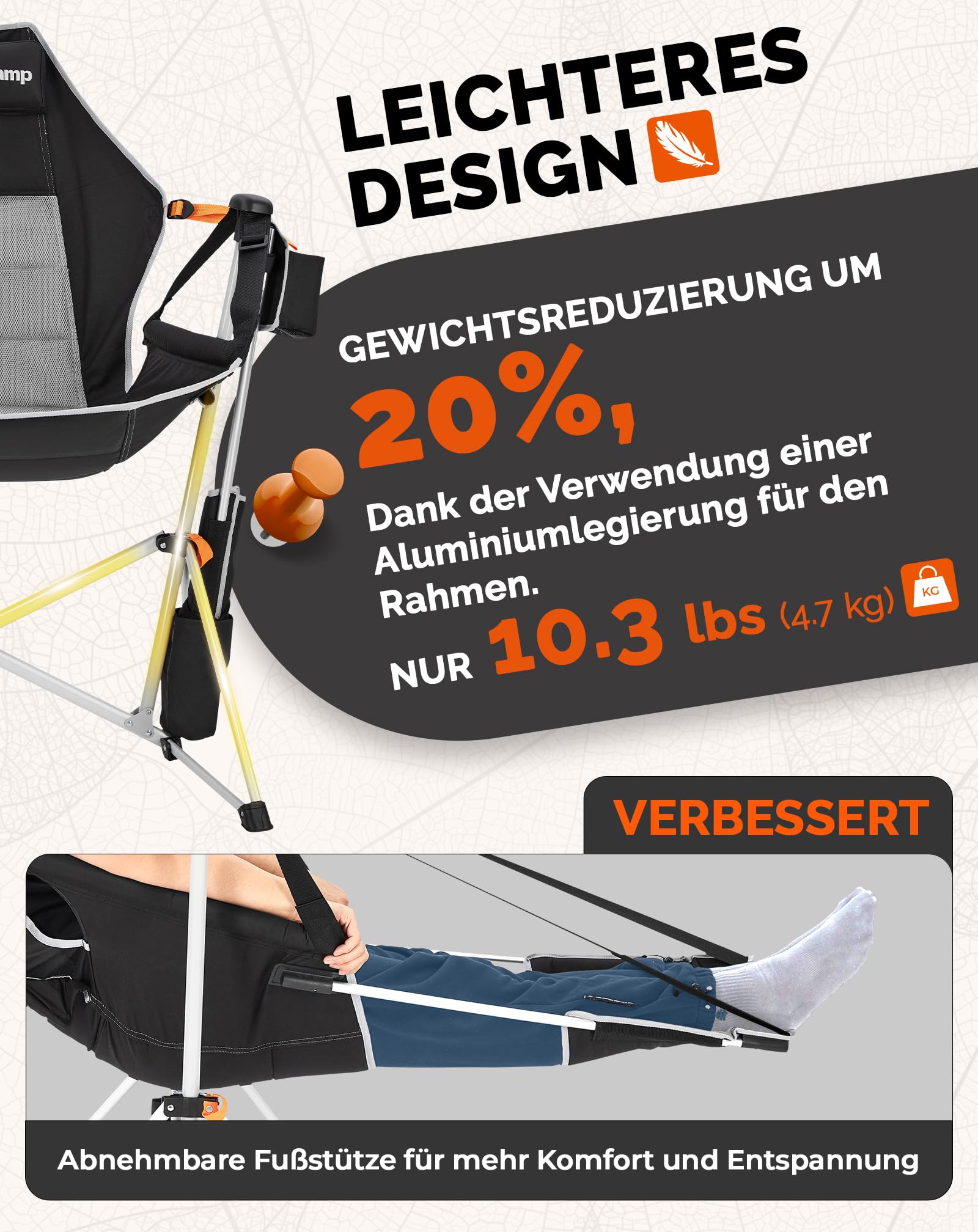 KingCamp Camping Schaukelstuhl mit Fußstütze Campingstuhl Faltbar Schwarz | 90-130° verstellbare Rückenlehne Schaukelfunktion, bis 180kg Kopfstütze Aluminiumgestell Getränkehalter für Camping & Garten