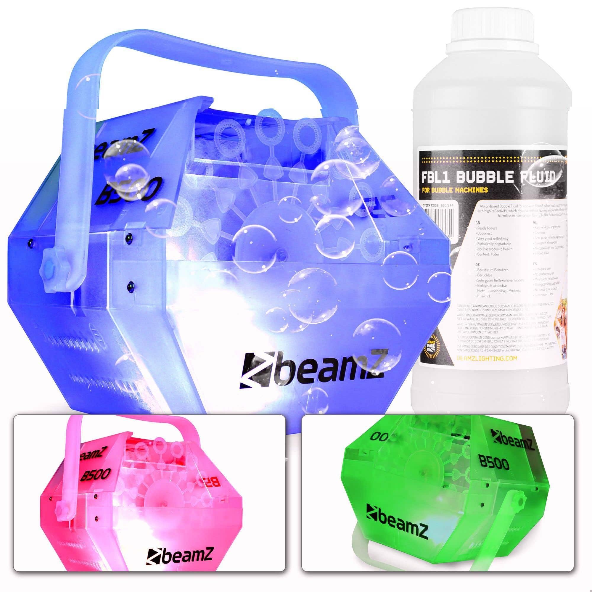 BeamZ B500LED - Máquina de Burbujas con Leds Multicolor, 1L de líquido Incluido, diseño Transparente, Potente Ventilador, Uso automático, Fiestas, Eventos y ferias Infantiles