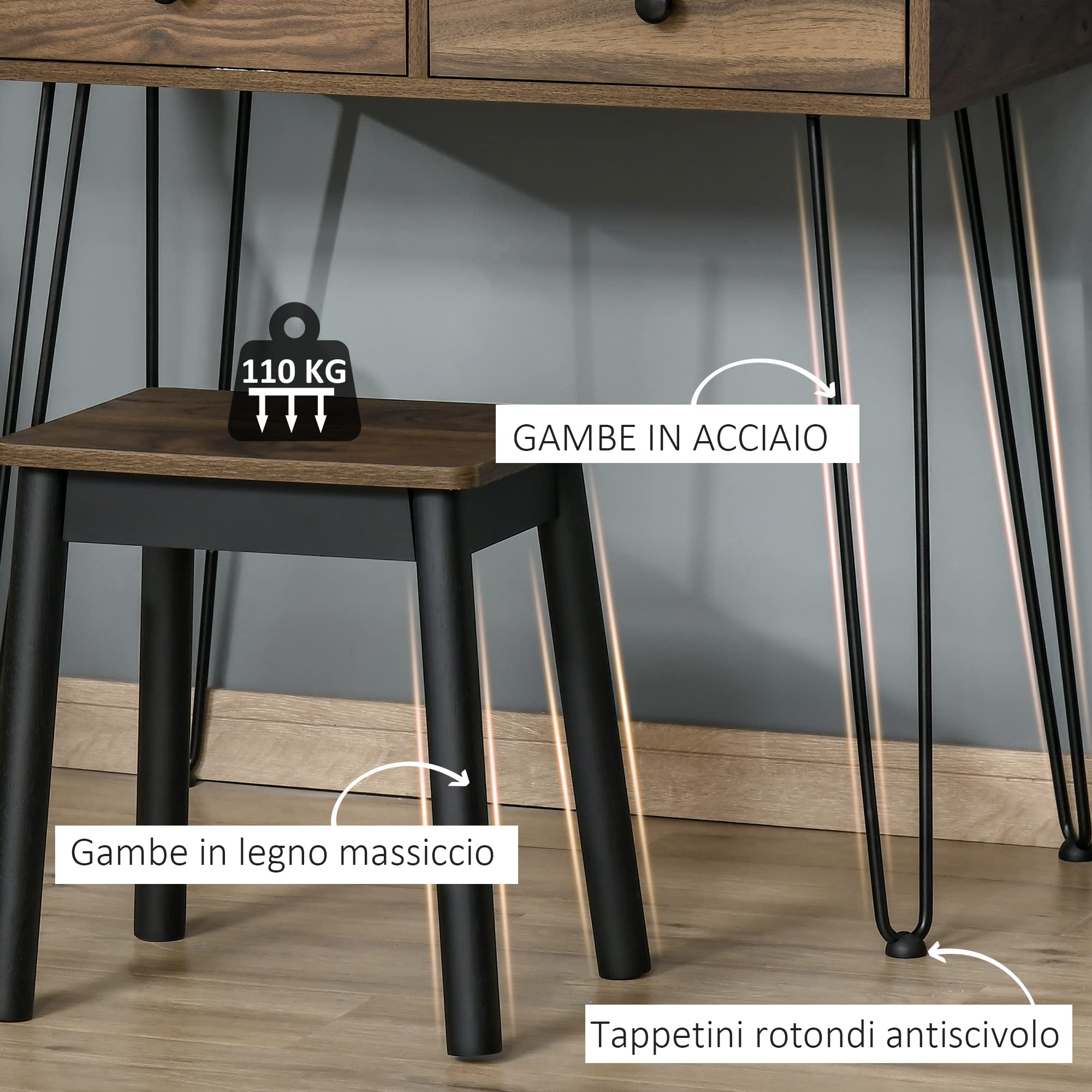 HOMCOM Postazione Trucco in Stile Industriale, Toeletta Trucco in Legno | Con Sgabello e Specchio, Postazione Makeup in Metallo per Camera da Letto