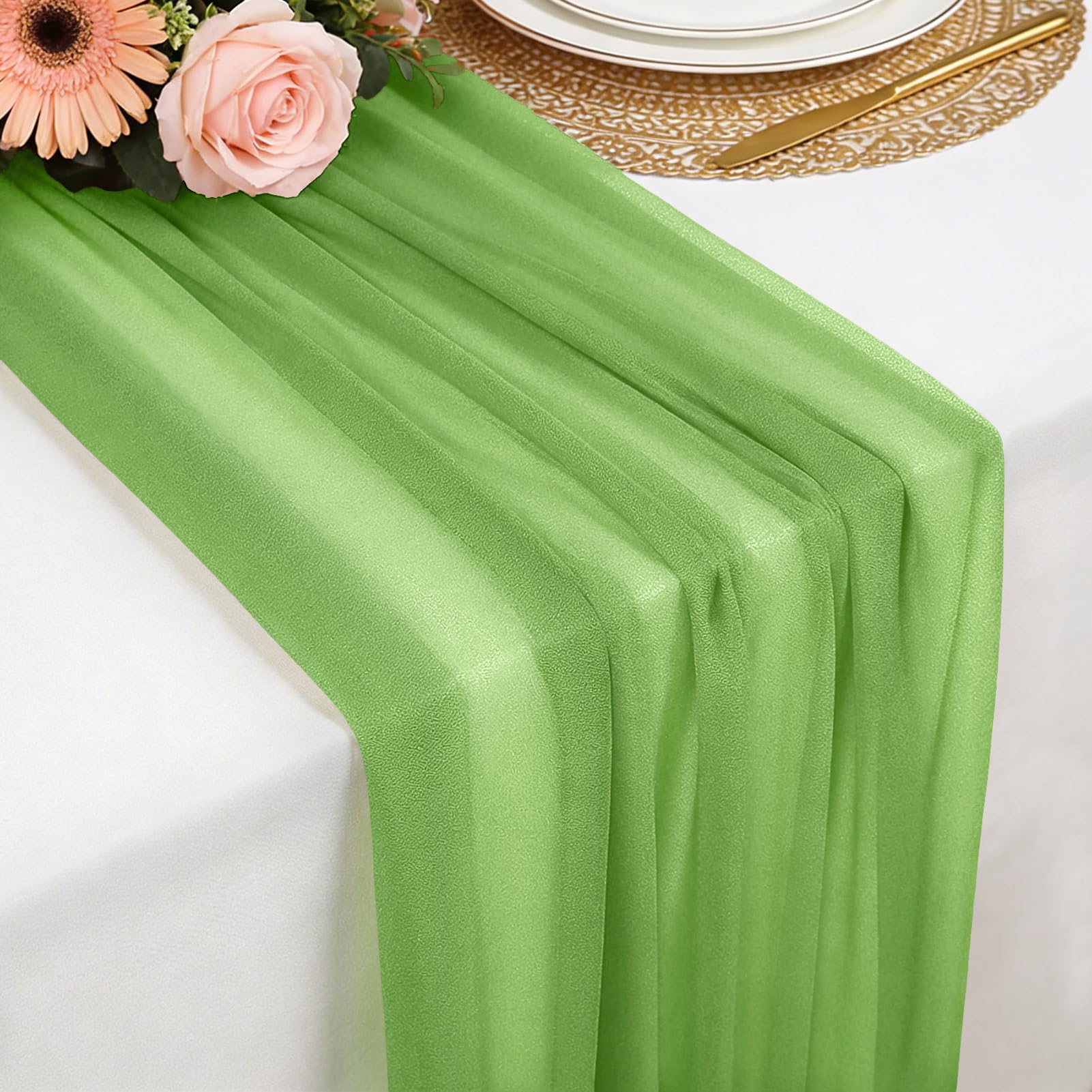 Chiffon Table Runner Light Olive Green, 77 x 300 cm Soft and Comfortable Table Runner for Boho Wedding, Party, Baptism Decor, Baby Shower, Bridal Shower Kitchen Table Decoration