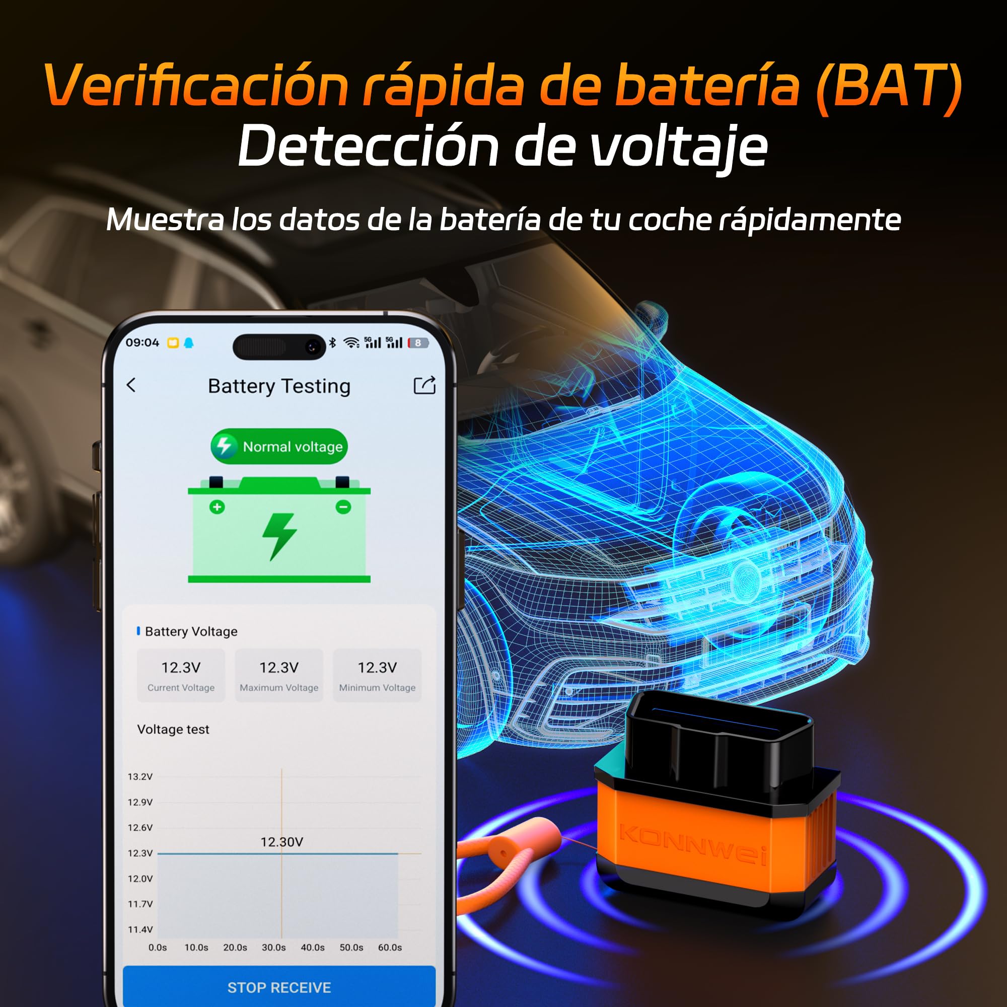 KONNWEI Dispositivo de Diagnóstico OBD2 Bluetooth, Lector y Escáner Inalámbrico de Códigos de Diagnóstico para Todos los Vehículos - Herramientas de Diagnóstico OBD-II para iOS, Android y Windows