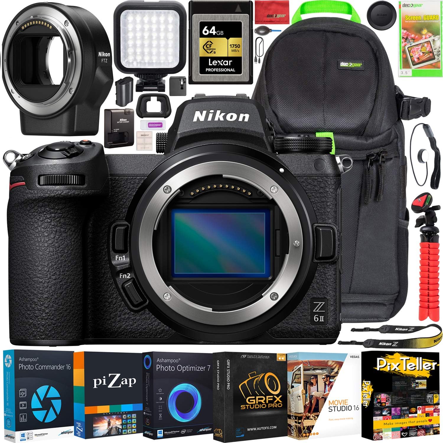 Z6II Mirrorless Camera | Official Nikon USA Partner Model | Body FX-Format Full-Frame 4K UHD 1659 Bundle with FTZ Lens Mount Adapter + Deco Gear Case + LED + 64GB CFexpress Card + Software Kit