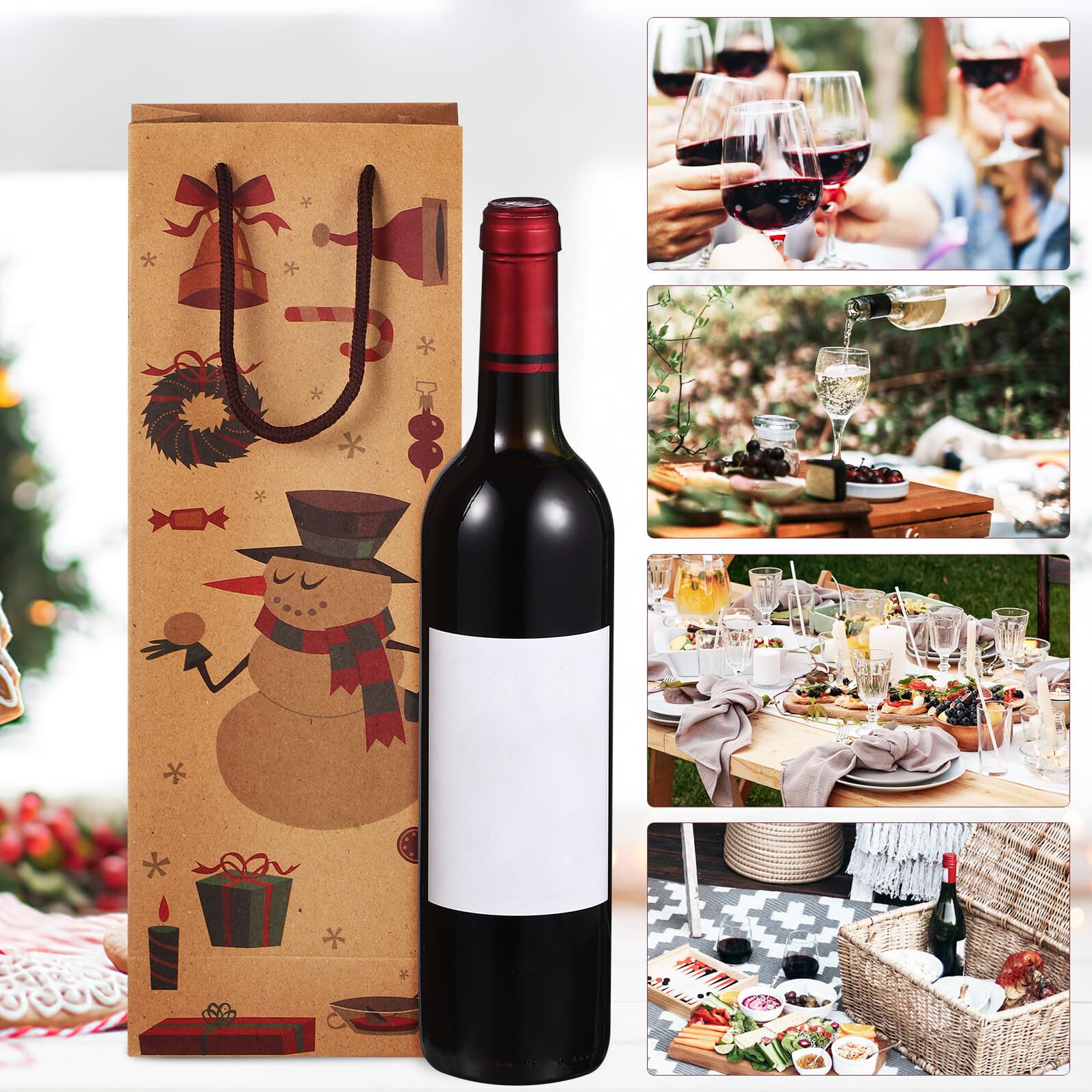 MOLUCKFU 12 Pezzi Sacchetti Regalo Bottiglie Vino Natale in Kraft Resistente e Riutilizzabile Borse Porta Vino Decorativi per Feste e Regali Natalizi