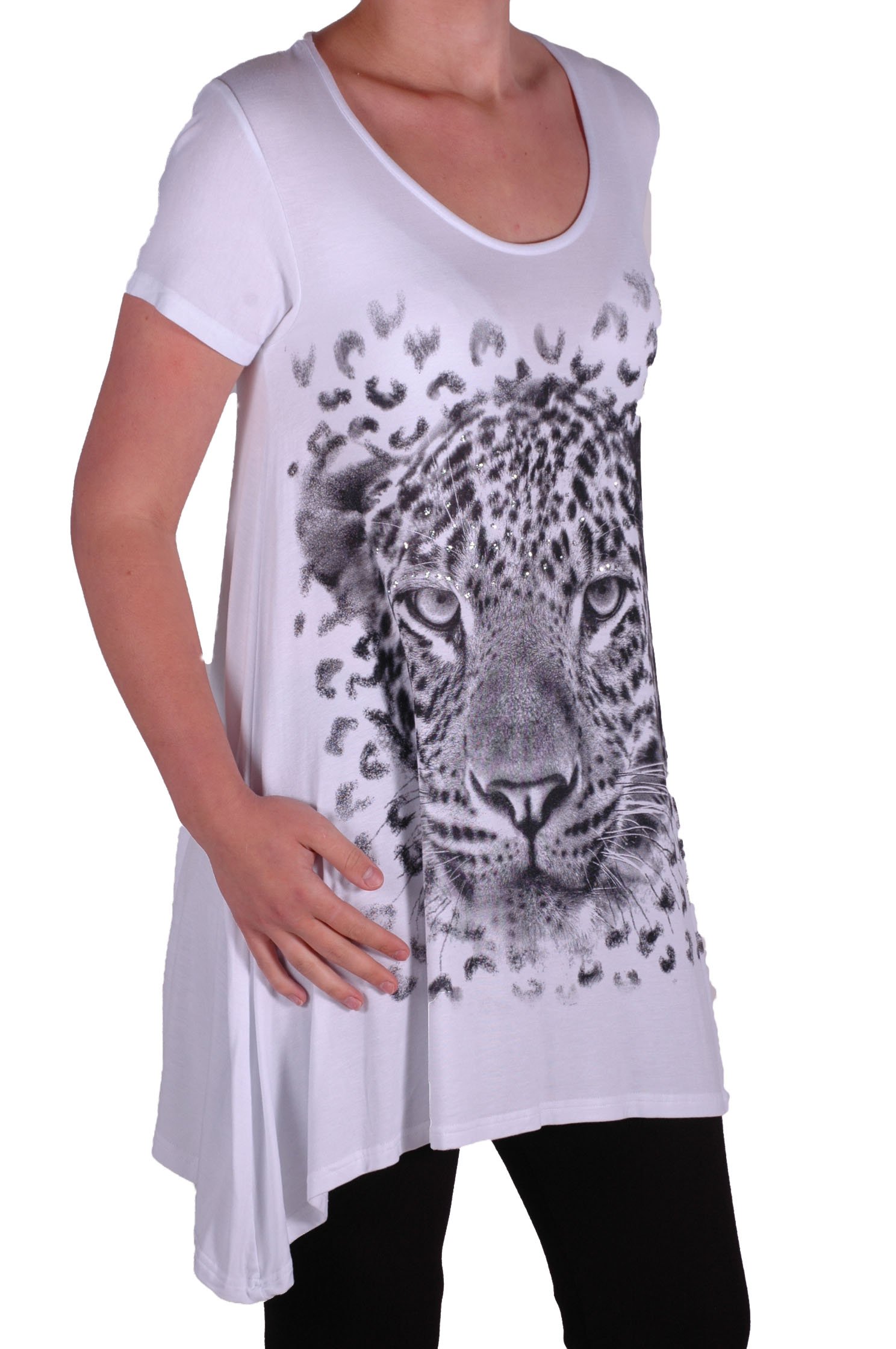 Eye Catch Women's White Plus - Graphic Tiger Long Draped Sparkle Short Sleeve Stretch Top - Comfortable And Adjustable - Sizes 14-28