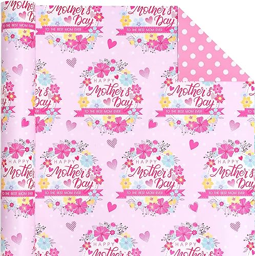 Miniatura 3 de WRAPAHOLIC Papel de regalo reversible para el día de la madre, mini rollo, 17 pulgadas x 33 pies, diseño de flores y feliz día de la madre, perfecto