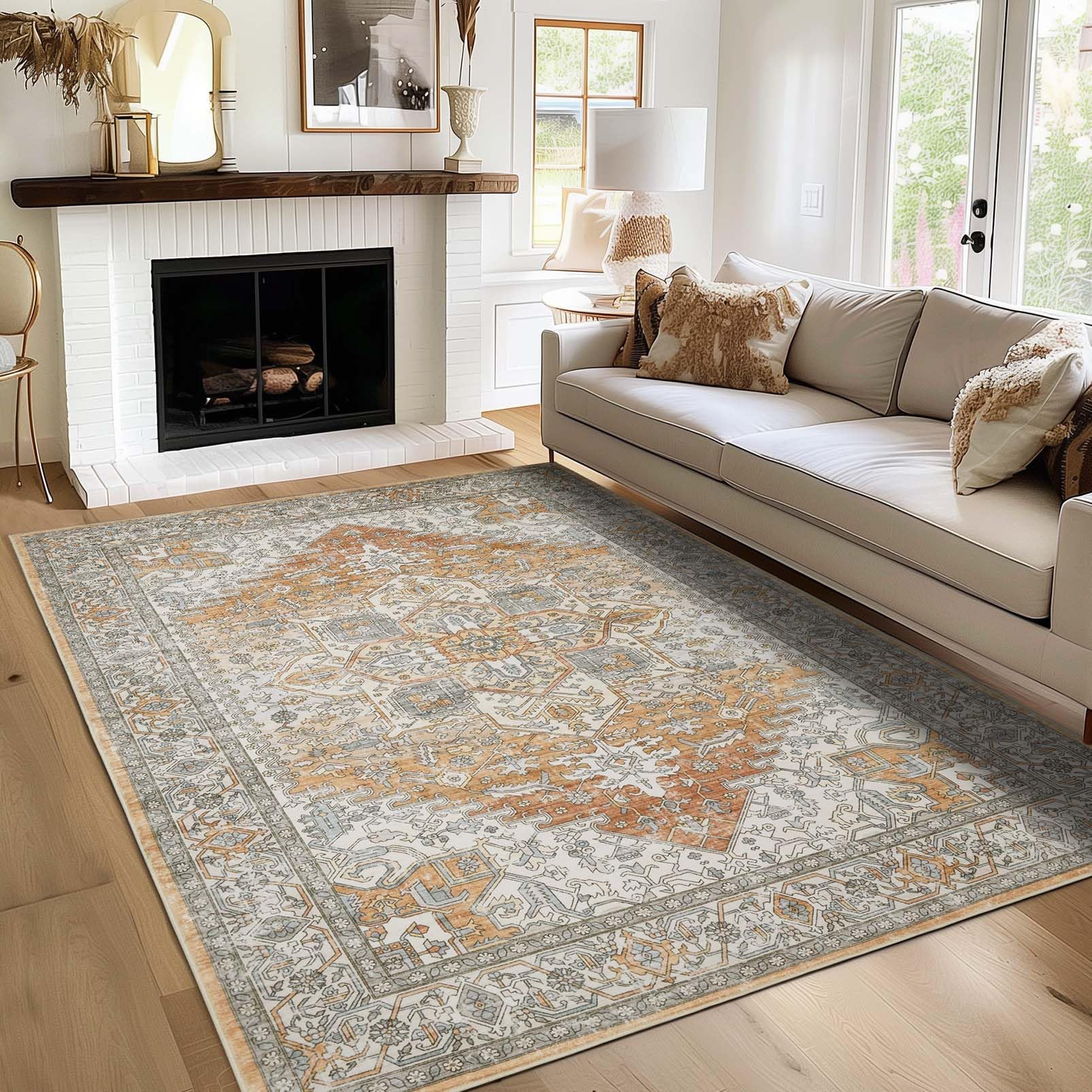 Washable Area Rugs Living Room - 9x12 Large Soft Machine Wash Low Pile Non-Slip Area Rugs, Vintage Bohemian Neutral Carpet for Dining Room Bedroom Indoor Home Dorm Office Farmhouse Decor Orange