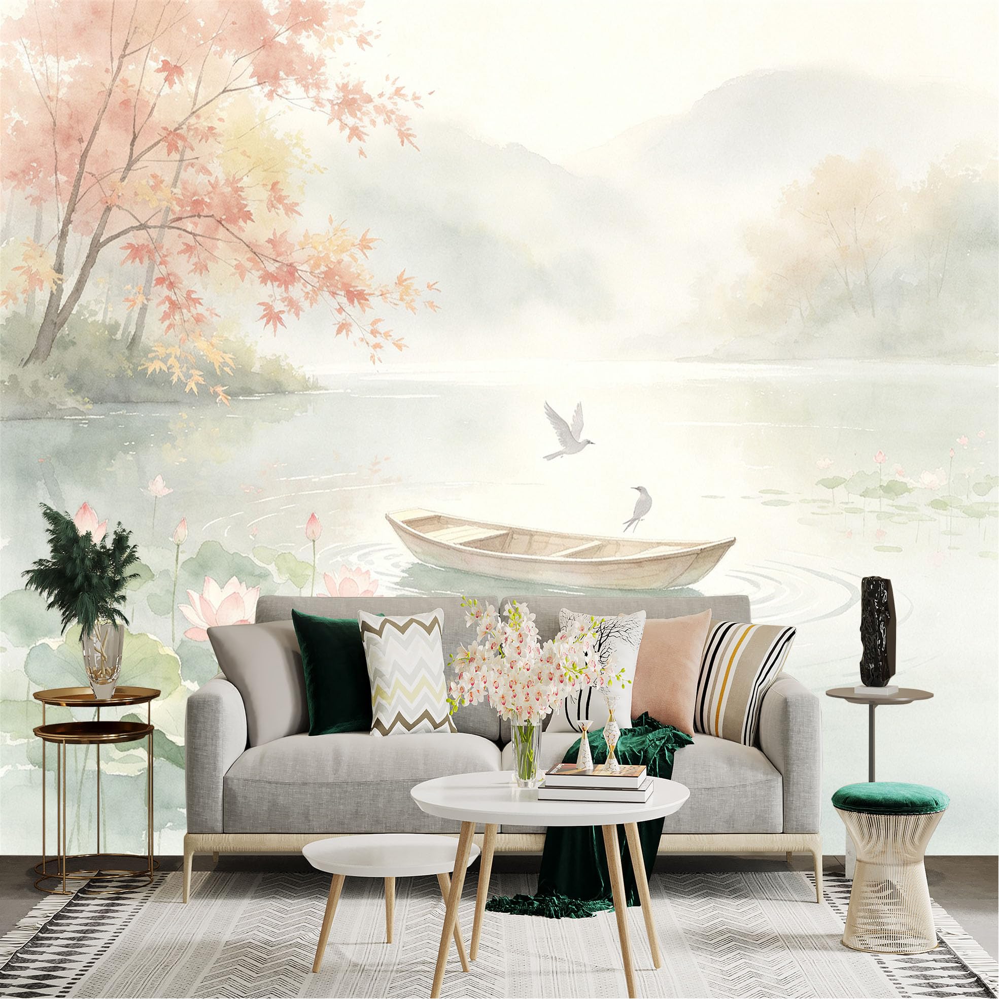 Custom Size Wall Sticker Mural， Watercolor Lotus Pond， Peaceful Boat Scene， Serene Flying Birds， Soft Autumnal Maple Trees， for wall Decoration， peelandstick wall Decals.