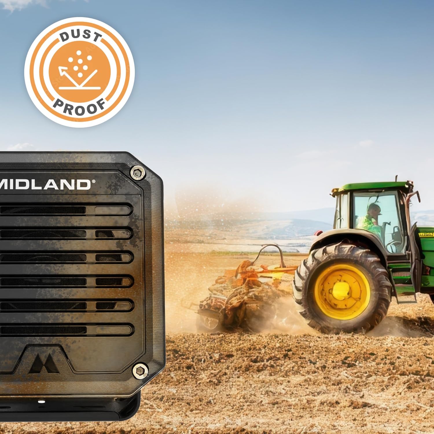 Midland SPK100 speaker showing the attached 3.5mm audio plug and cable.