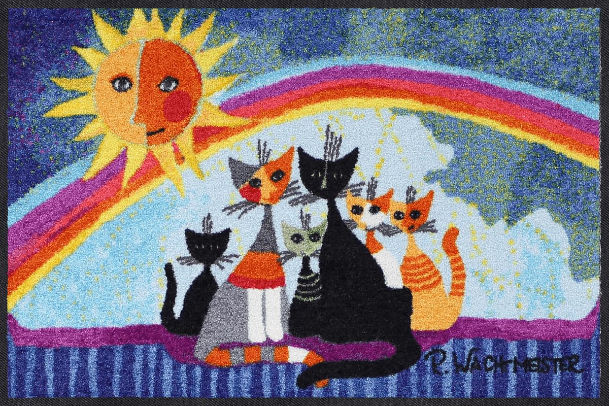 Rosina Wachtmeister Fußmatte Sunny Family 050x075 Fußabtreter außen Hauseingang Schmutzfangmatte Katzen bunt rutschfest waschbar