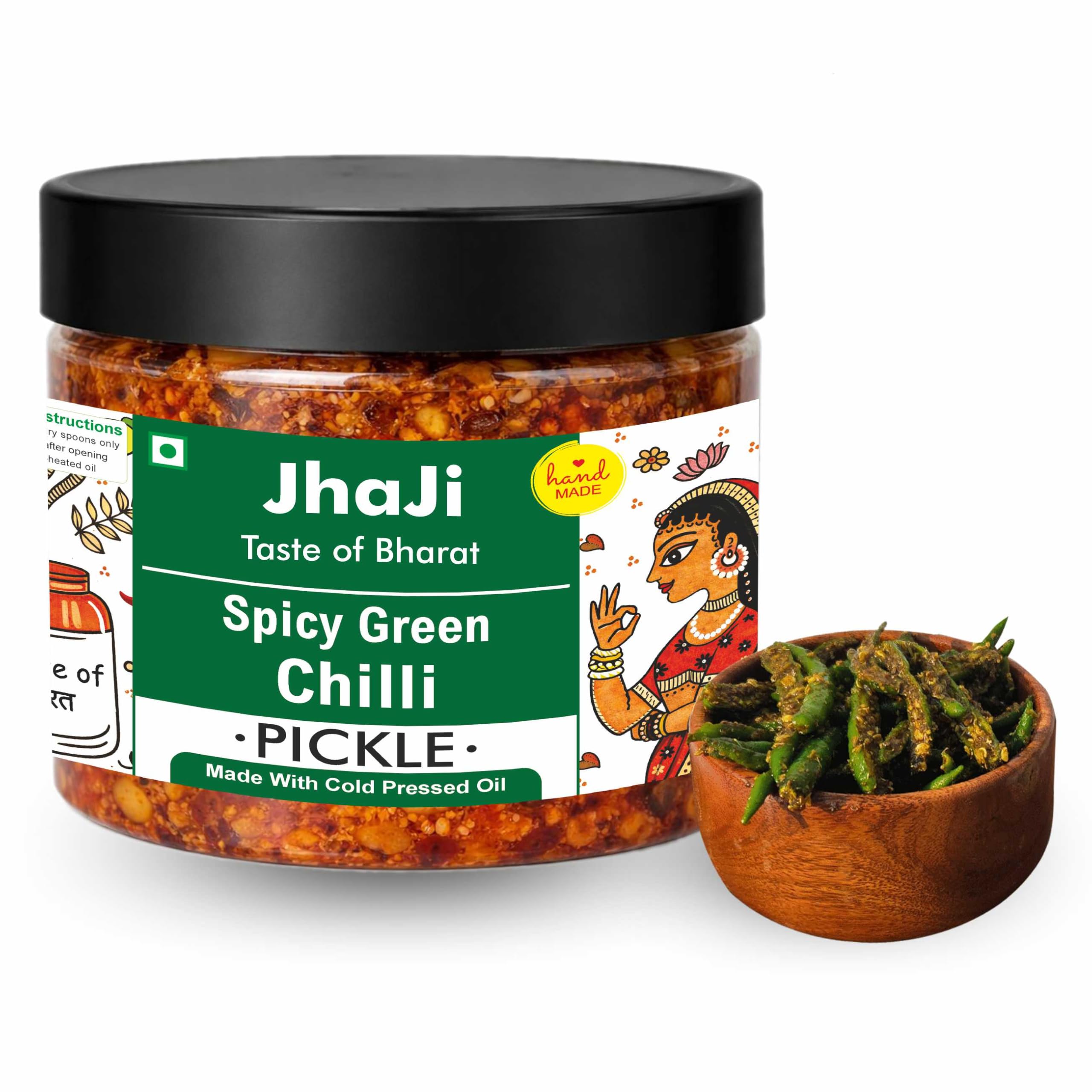 Jhaji Store Spicy Green Chilli Pickle | Hari Mirch Ka Teekha Achar | Sun-Grown, Homemade Bihari Green Chilli Pickle | Tangy, Spicy & Masaledaar | No Preservatives | 350g Plastic Jar-image-5