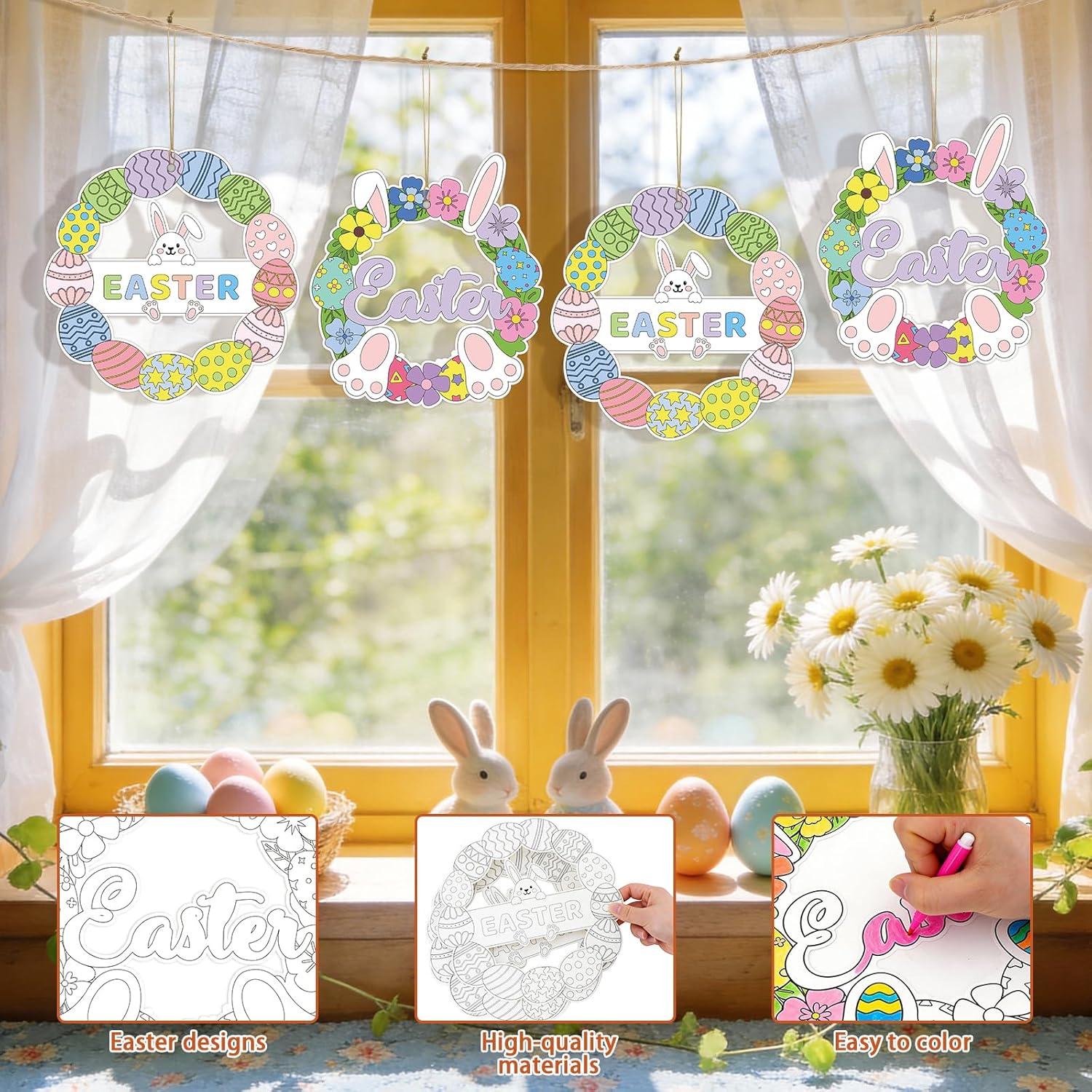 24 PCS Easter Wreath Craft Kit DIY, Easter Crafts for Adults, Paper Wreath Egg Bunny Decorations Coloring with Watercolor Pens Hanging Sign for Classroom Home Wall Decor Activities Indoor(2 Design)